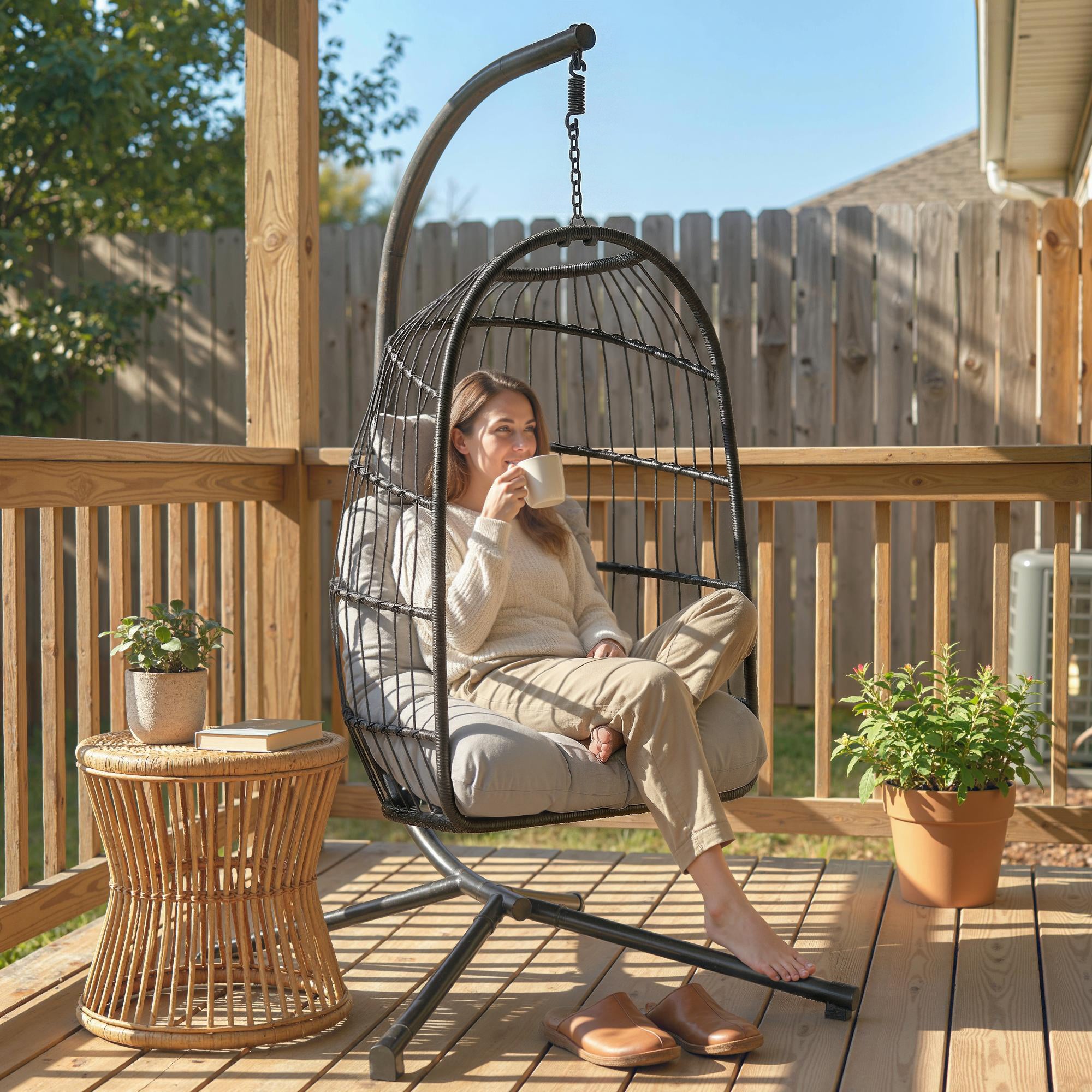 Hanging Egg Chair with Stand — Foldable PE Rattan Swing, Thick Cushion & Headrest, Adjustable Height, Light Gray