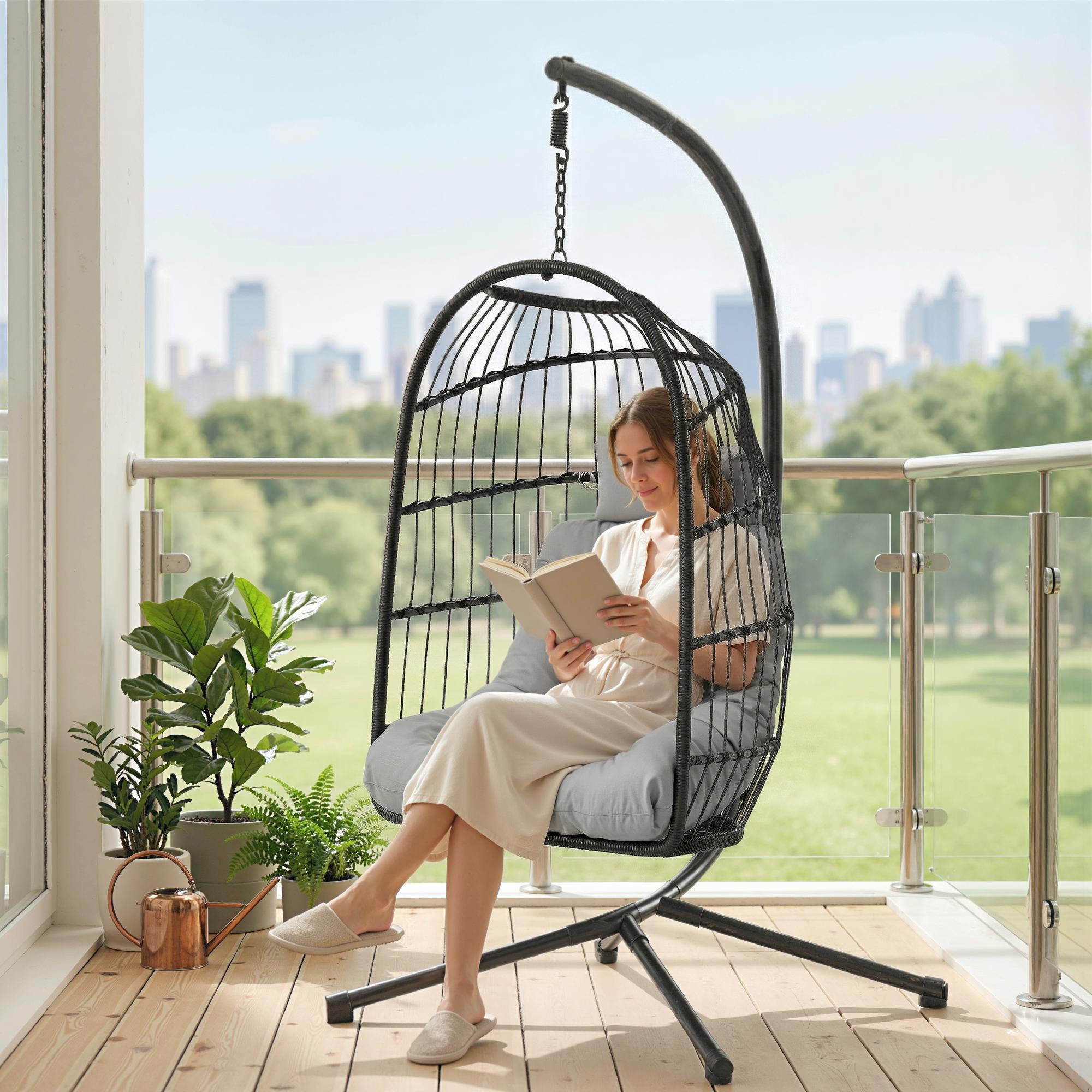 Hanging Egg Chair with Stand — Foldable PE Rattan Swing, Thick Cushion & Headrest, Adjustable Height, Light Gray