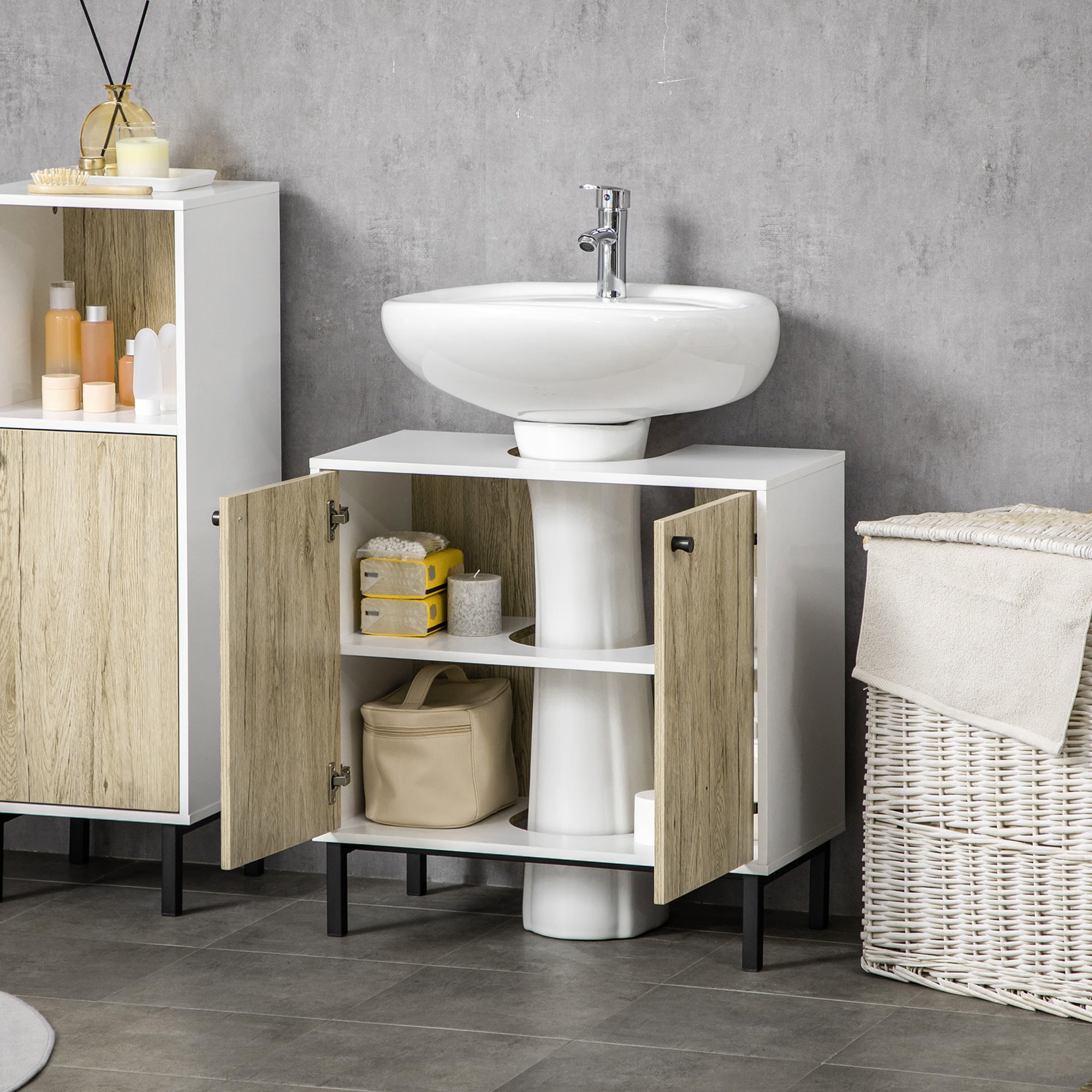 Under-Sink Cabinet Bathroom Storage Cabinet for Modern Basin Stand Metal Legs Double Door 60 x 30 x 60 cm - White and Wood Color