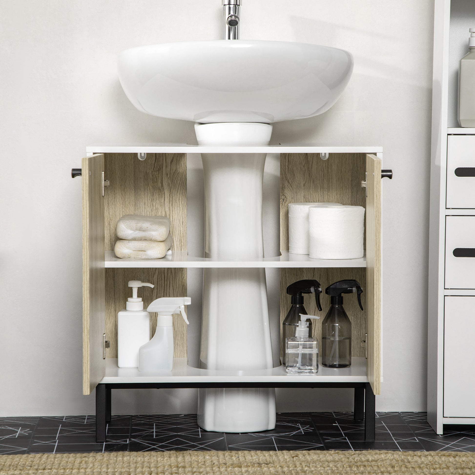 Under-Sink Cabinet Bathroom Storage Cabinet for Modern Basin Stand Metal Legs Double Door 60 x 30 x 60 cm - White and Wood Color