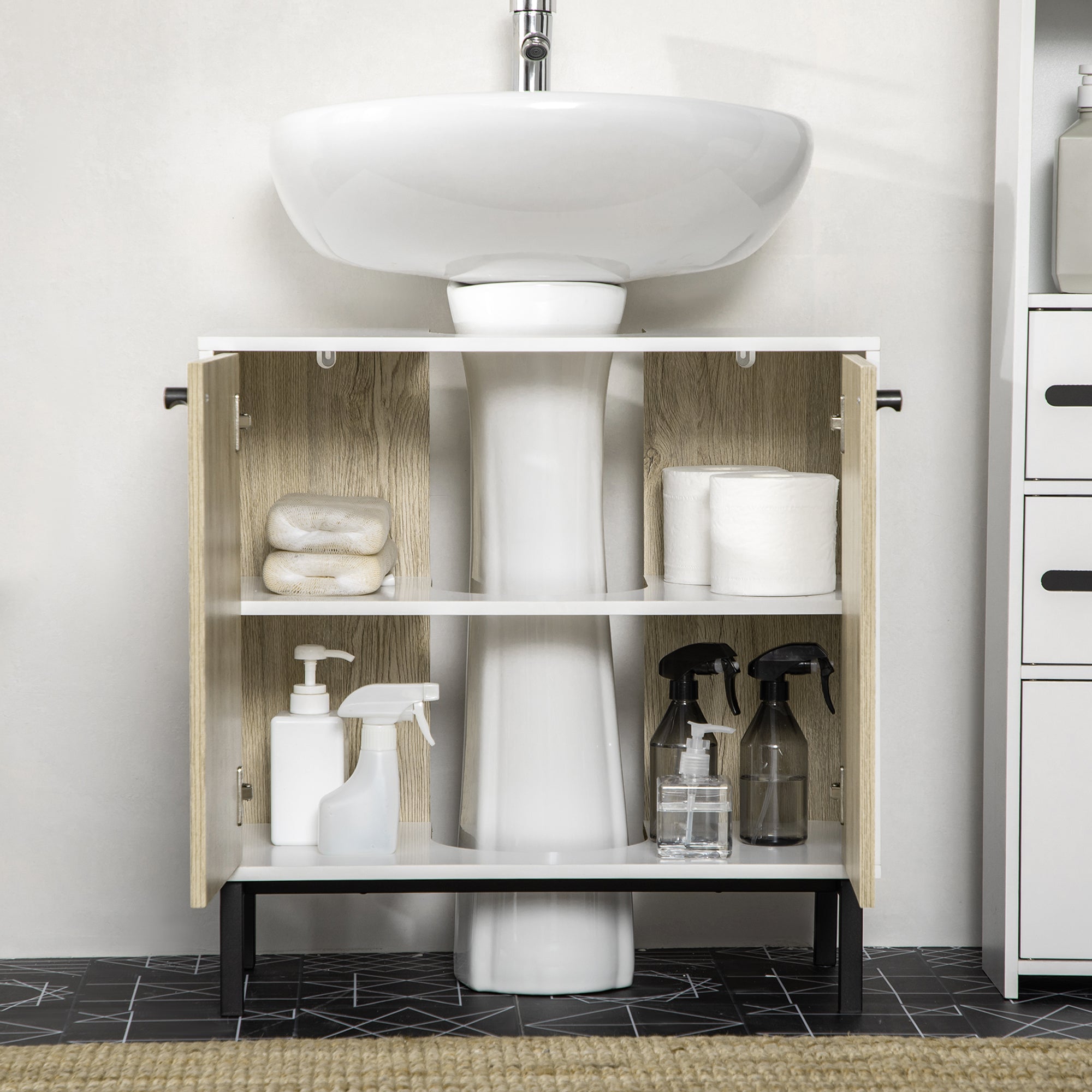 Under-Sink Cabinet Bathroom Storage Cabinet for Modern Basin Stand Metal Legs Double Door 60 x 30 x 60 cm - White and Wood Color