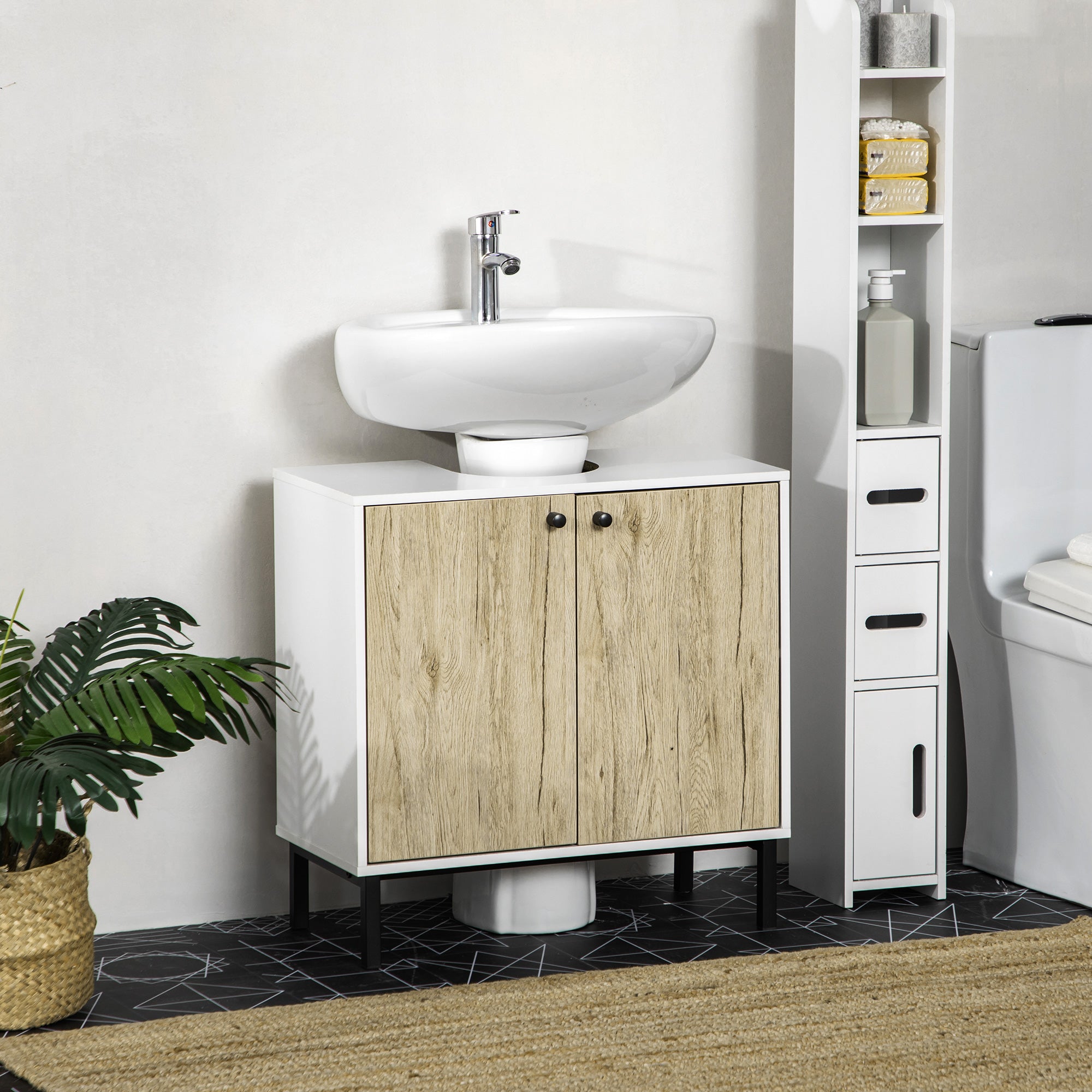 Under-Sink Cabinet Bathroom Storage Cabinet for Modern Basin Stand Metal Legs Double Door 60 x 30 x 60 cm - White and Wood Color