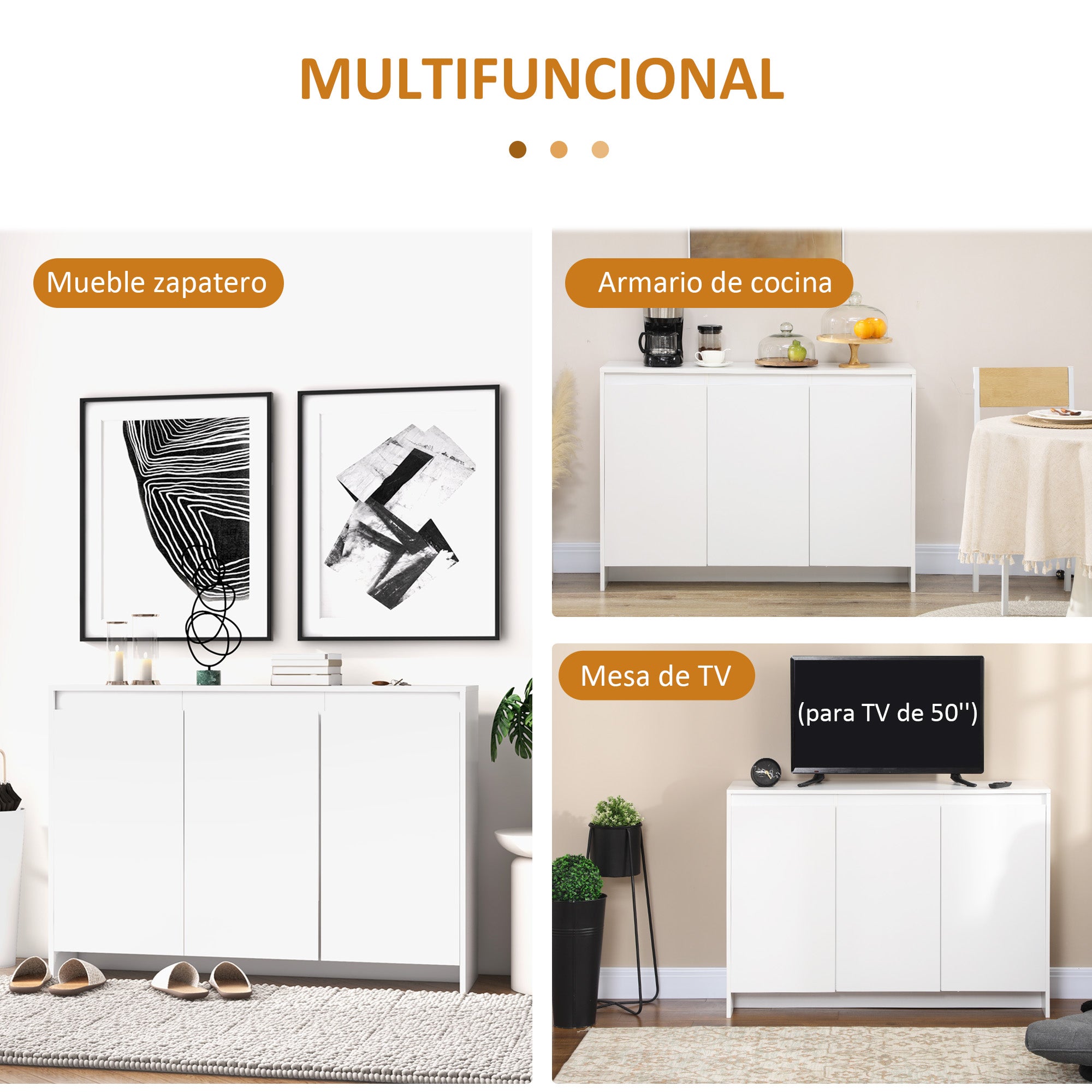 Modern Kitchen Sideboard Sideboard with 3 Doors Adjustable Shelves and Soft Close TV Stand 120x35x85 cm White