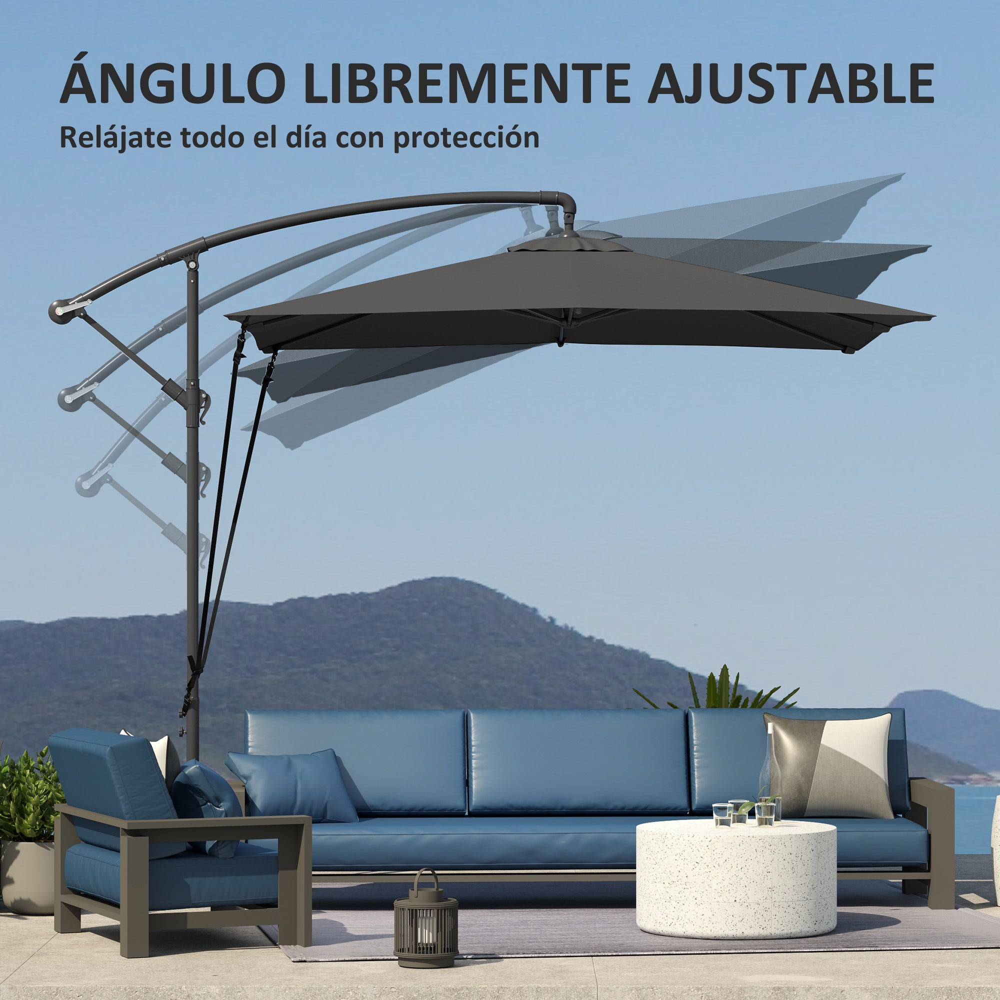 Eccentric Parasol 247x247 cm Garden Umbrella with Cross Base Adjustable Cover Crank Protective Cover and Anti-UV Wind Rope 50+ Umbrella for Terrace Patio Dark Grey