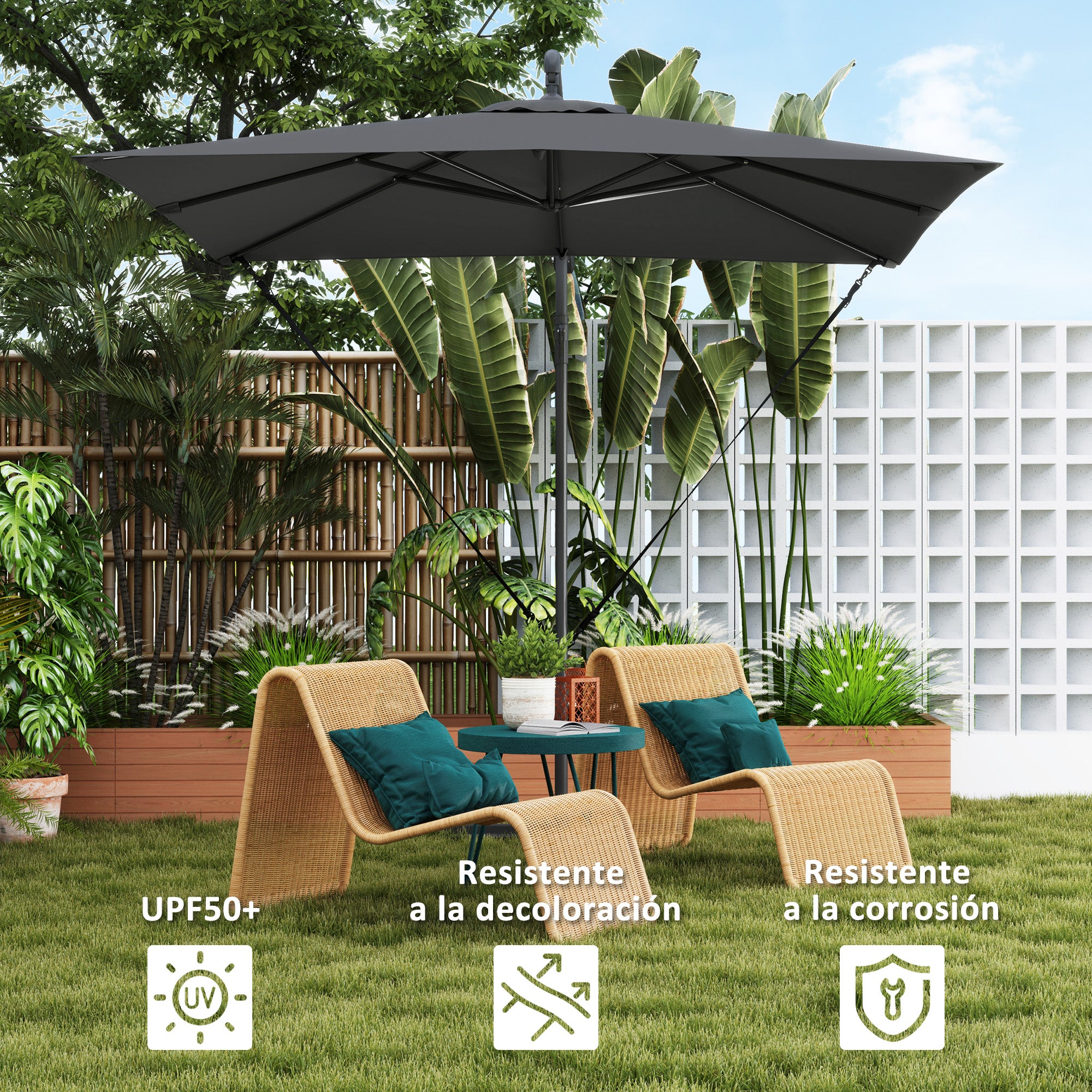 Eccentric Parasol 247x247 cm Garden Umbrella with Cross Base Adjustable Cover Crank Protective Cover and Anti-UV Wind Rope 50+ Umbrella for Terrace Patio Dark Grey