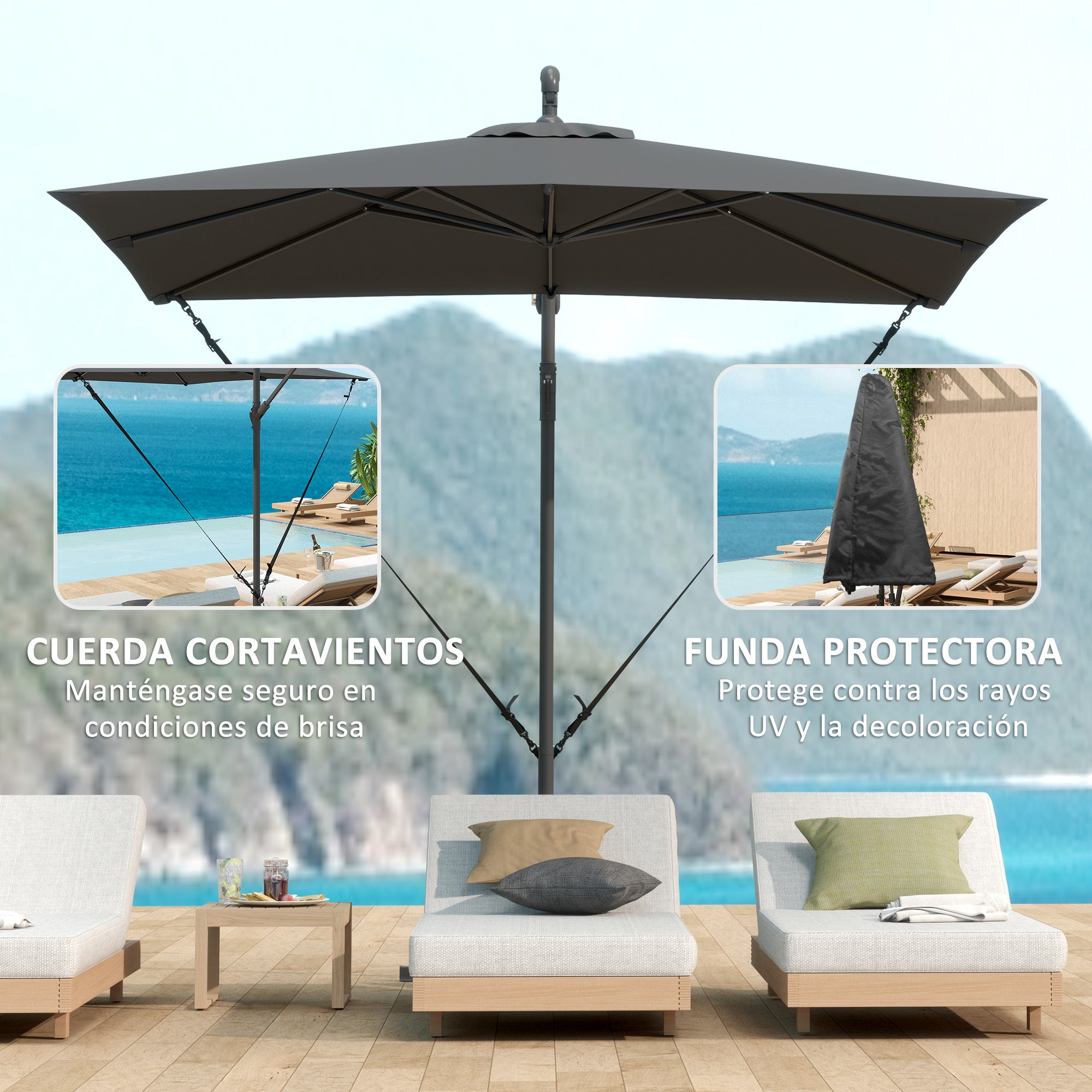 Eccentric Parasol 247x247 cm Garden Umbrella with Cross Base Adjustable Cover Crank Protective Cover and Anti-UV Wind Rope 50+ Umbrella for Terrace Patio Dark Grey