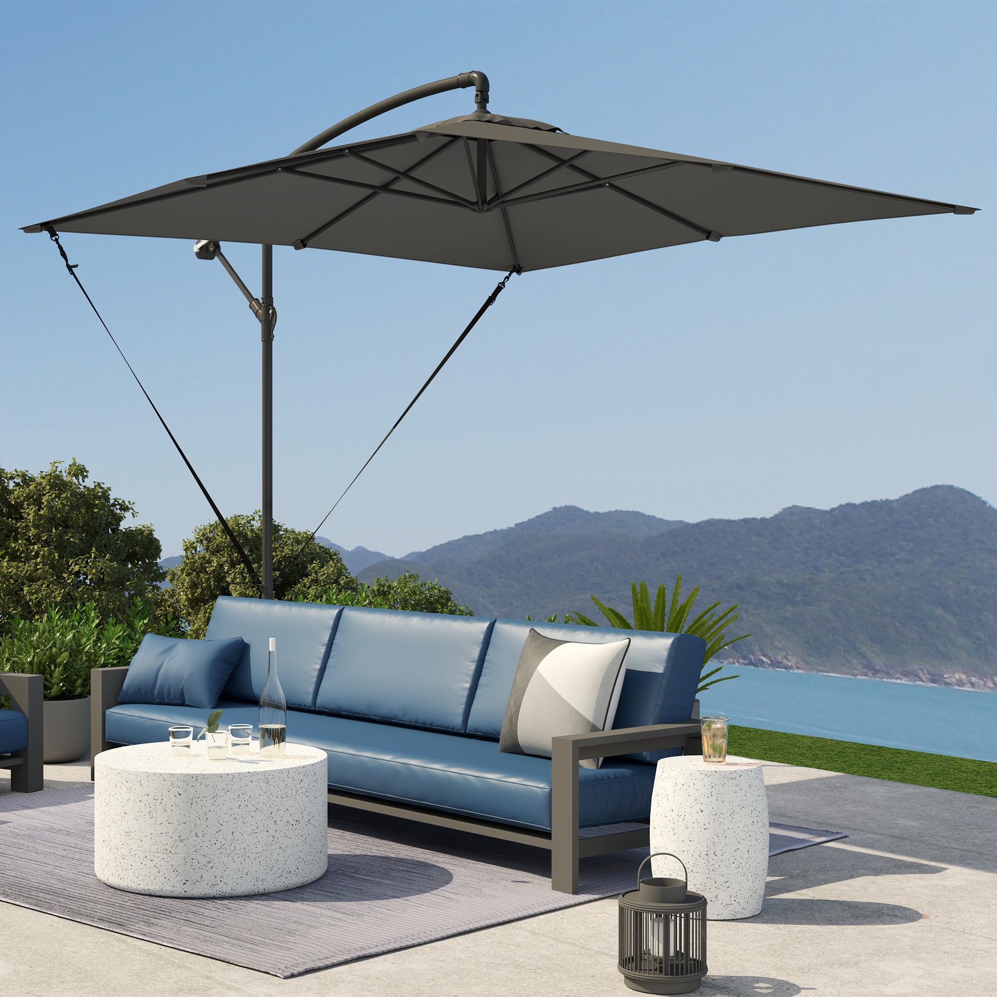 Eccentric Parasol 247x247 cm Garden Umbrella with Cross Base Adjustable Cover Crank Protective Cover and Anti-UV Wind Rope 50+ Umbrella for Terrace Patio Dark Grey