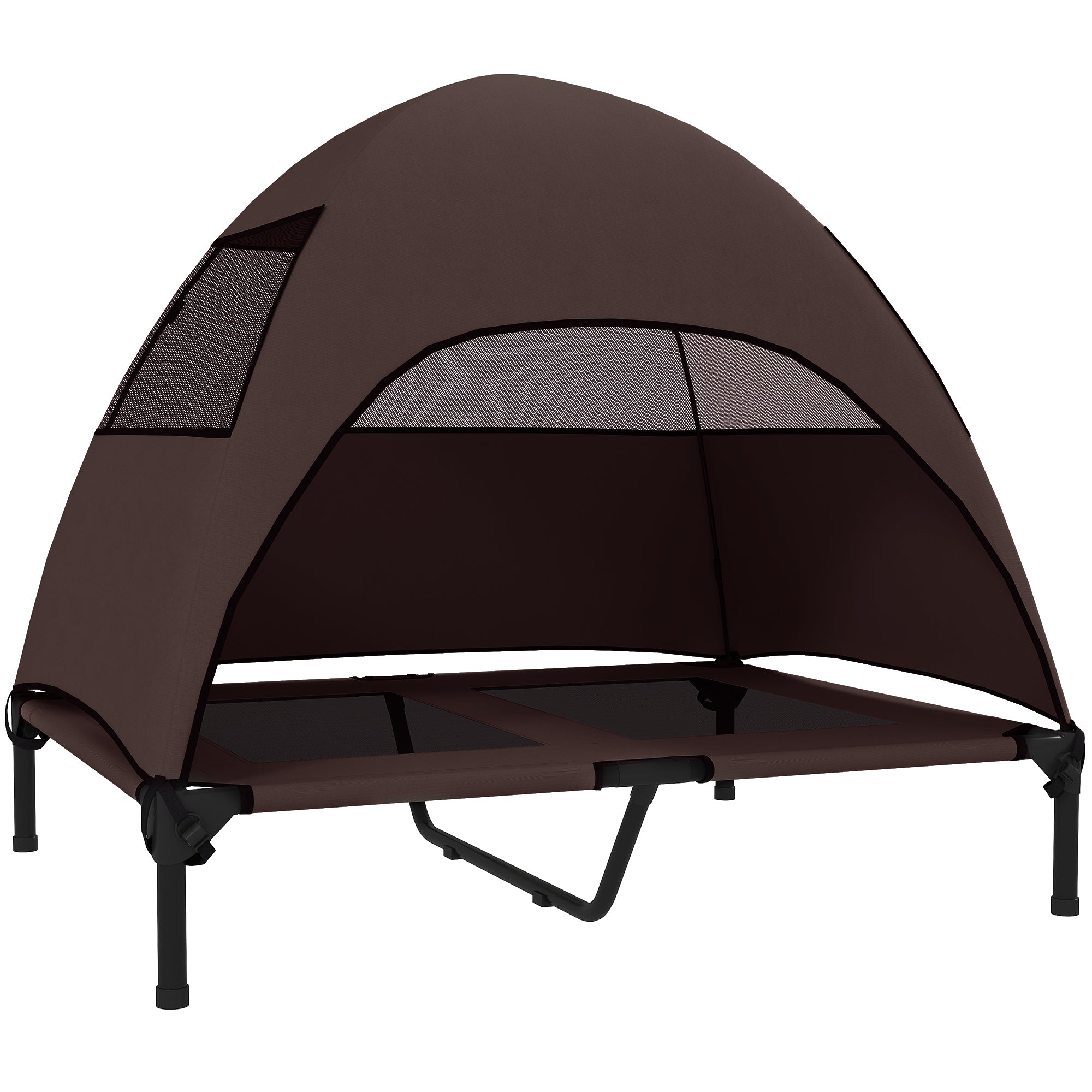 Outdoor Dog Lounger with Canopy, Elevated Dog Bed for Large Dogs, Cooling Pet Lounger with Washable Mesh Metal Frame Carry Bag, Pet Bed for Outdoor Camping 91x76x90cm, Coffee