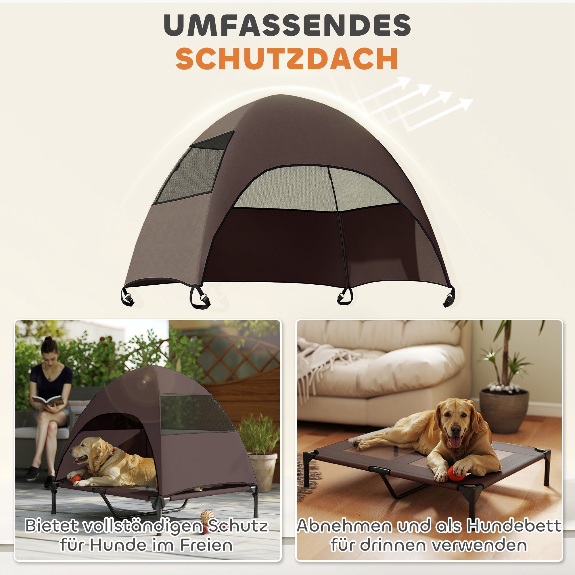 Outdoor Dog Lounger with Canopy, Elevated Dog Bed for Large Dogs, Cooling Pet Lounger with Washable Mesh Metal Frame Carry Bag, Pet Bed for Outdoor Camping 91x76x90cm, Coffee