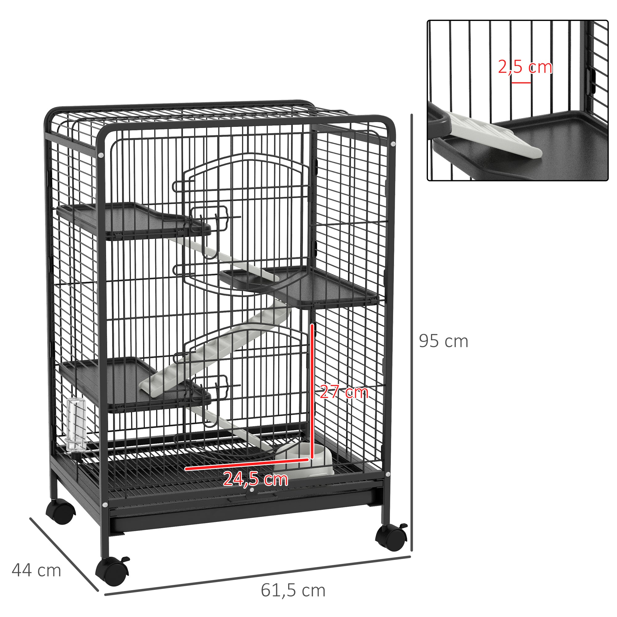 Small Animal Cage Rodent Cage with Wheels Ramp Bowl Water Bottle and Removable Tray Enclosure for Rabbits Chinchillas Ferrets 61.5x44x95 cm Black