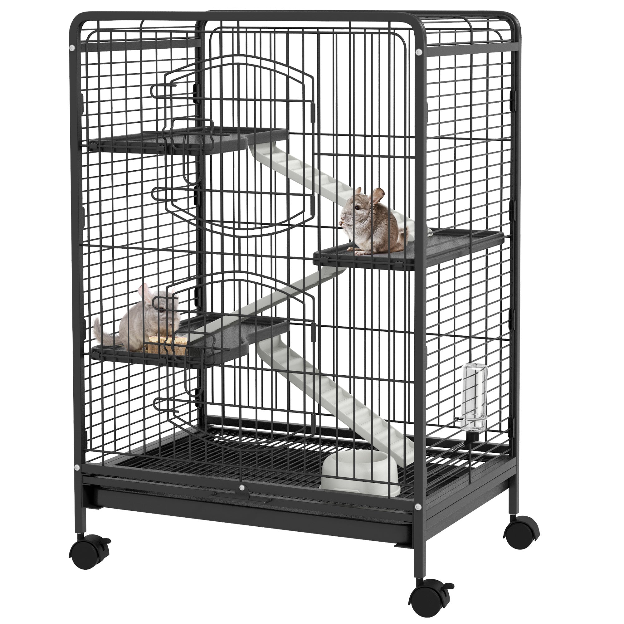 Small Animal Cage Rodent Cage with Wheels Ramp Bowl Water Bottle and Removable Tray Enclosure for Rabbits Chinchillas Ferrets 61.5x44x95 cm Black