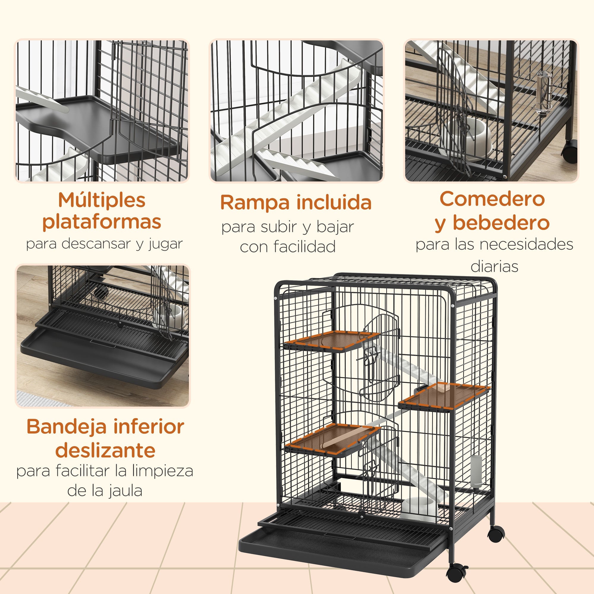 Small Animal Cage Rodent Cage with Wheels Ramp Bowl Water Bottle and Removable Tray Enclosure for Rabbits Chinchillas Ferrets 61.5x44x95 cm Black