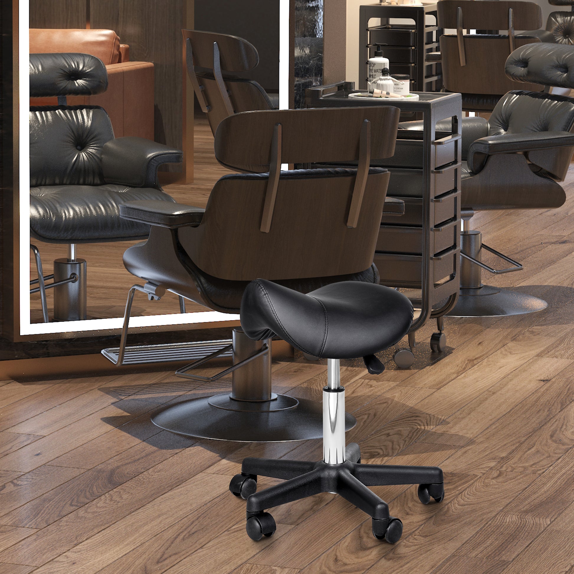 Rolling Stool Height Adjustable Swivel Stool Work Stool with Wheels Rotating Salon Chair Seat Stool Salon Stool Faux Leather Black 35 x 38 x 43-55H cm