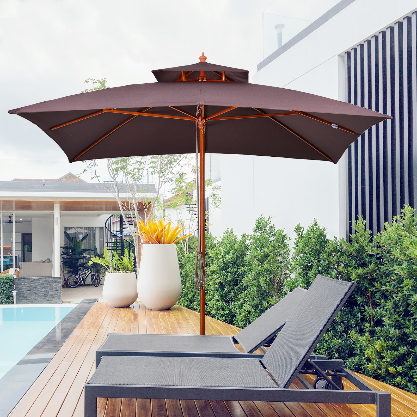 Garden Umbrella 3x3x3 m Bamboo Garden Parasol with Double Roof Pulley System Waterproof for Terrace Balcony Outdoor Brown
