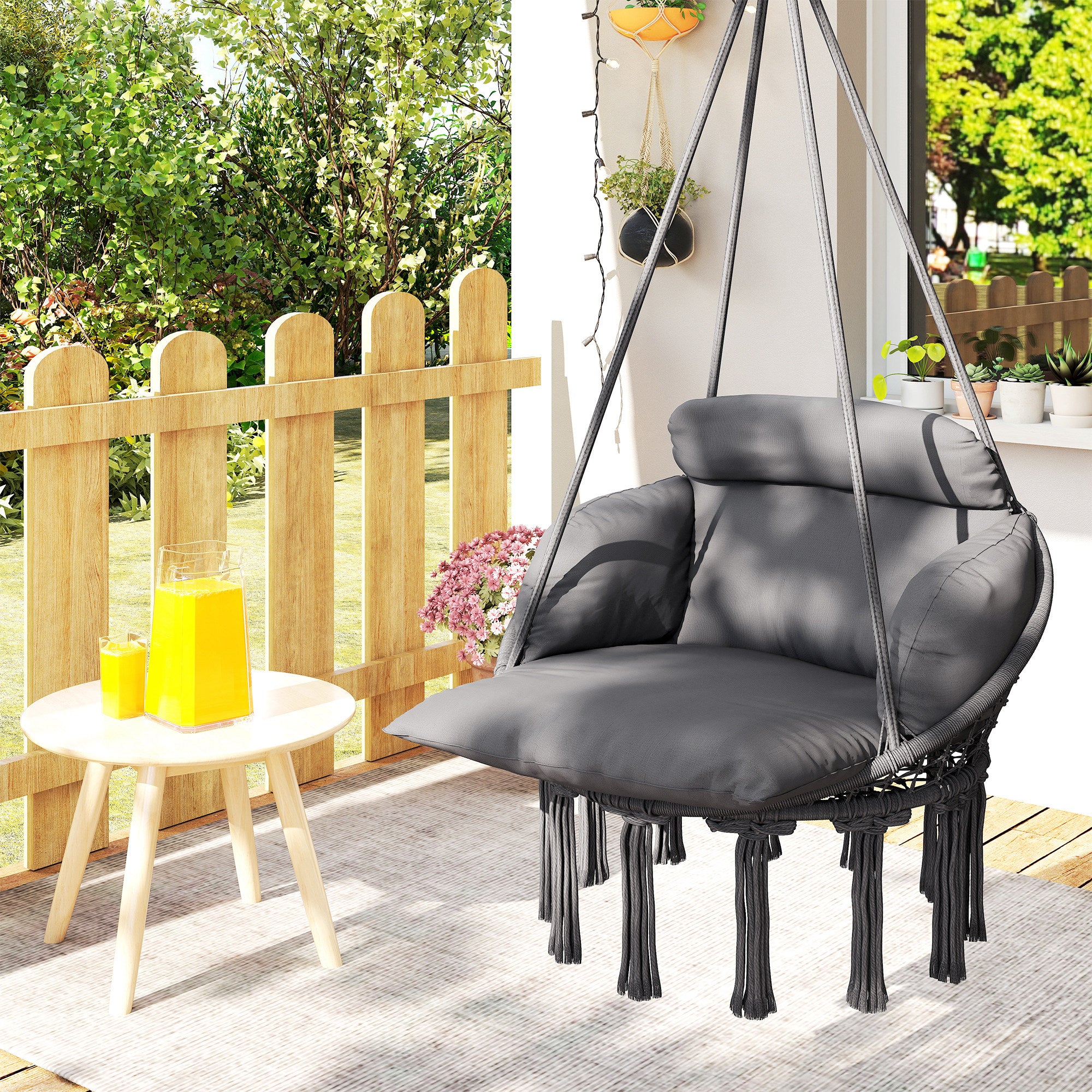 Hanging Chair with Large Padded Cushion, Fringed Swing Chair with Suspension Kit, Steel Frame, Tight Weave, Dark Gray