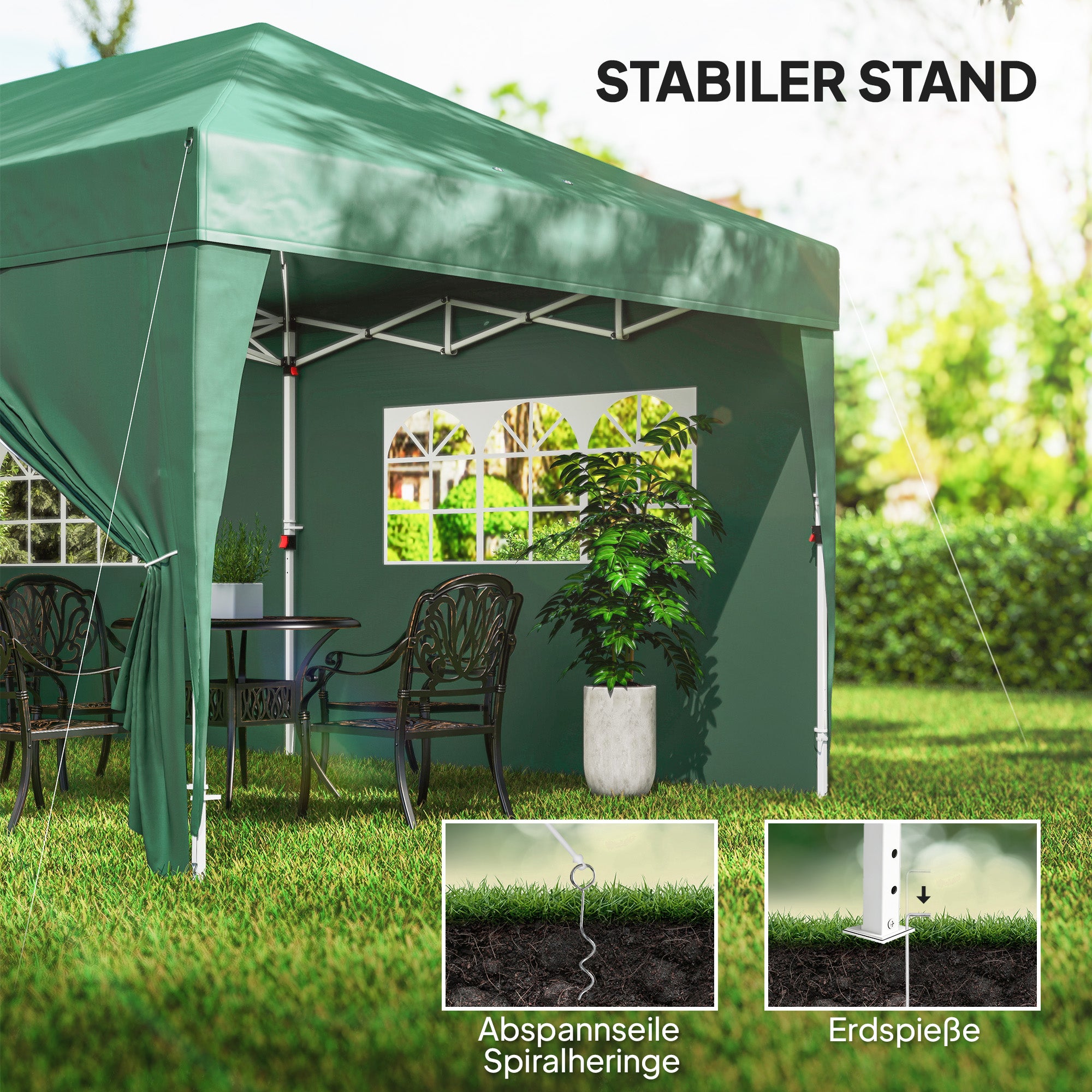 Pavilion approx. 19'4" x 9'8" Pop-Up Folding Gazebo with Windowed Zip Door & Removable Sides, UV Protection, Dark Green