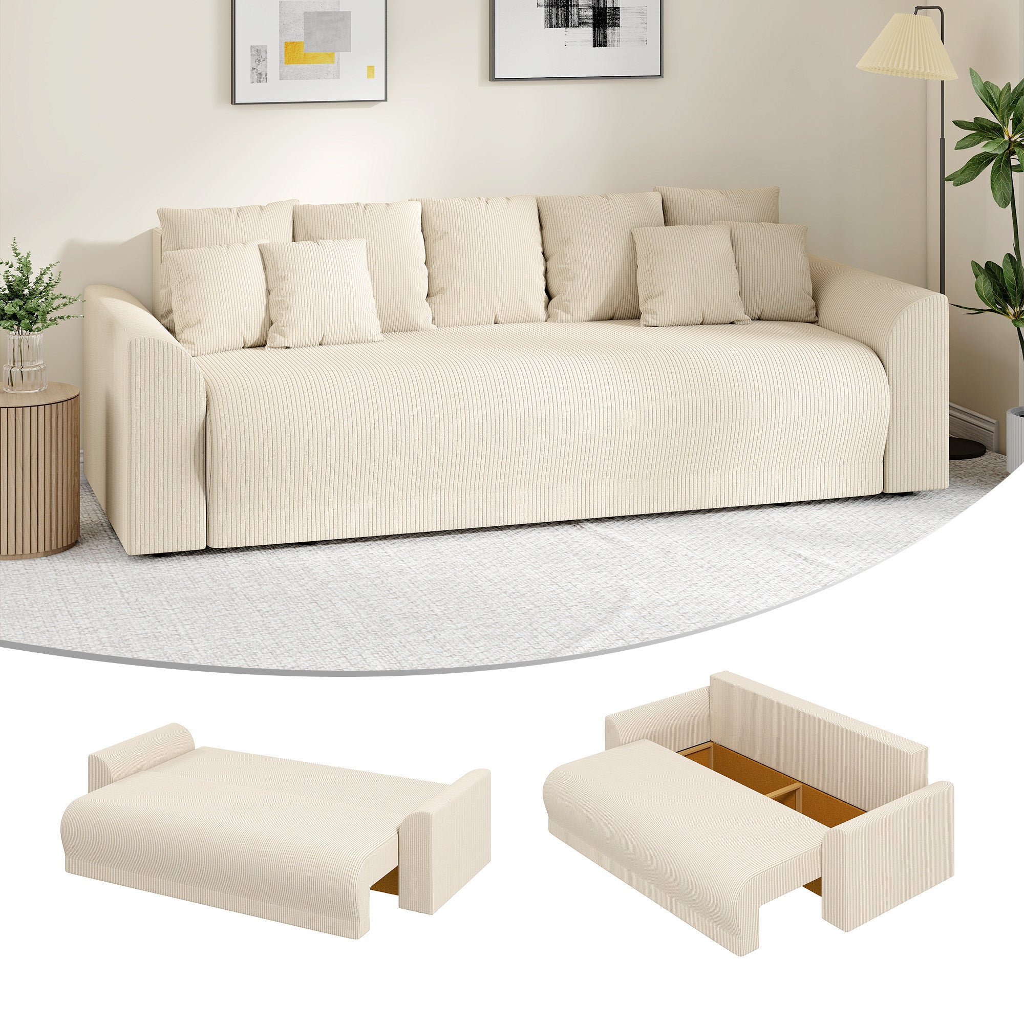 3-Seater Sofa Bed with Storage, Wide Deep Seat & 9 Cushions, Corduroy - Beige (Converts to 74.8" x 59.1" Bed)