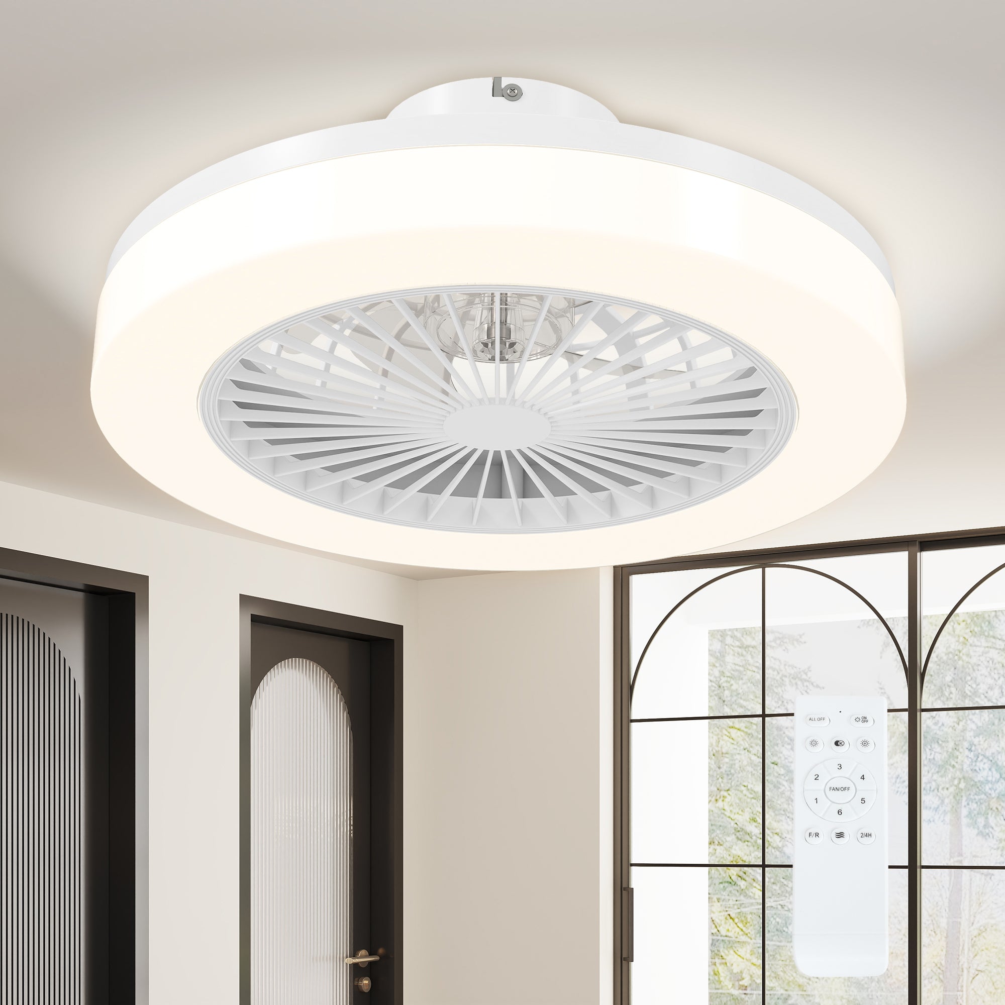 Ceiling Fan with Lighting and Remote Control, Ø46 cm, 40W Dimmable LED Ceiling Light with Fan, 6 speeds, timer, reversible DC motor, acrylic lampshade, White