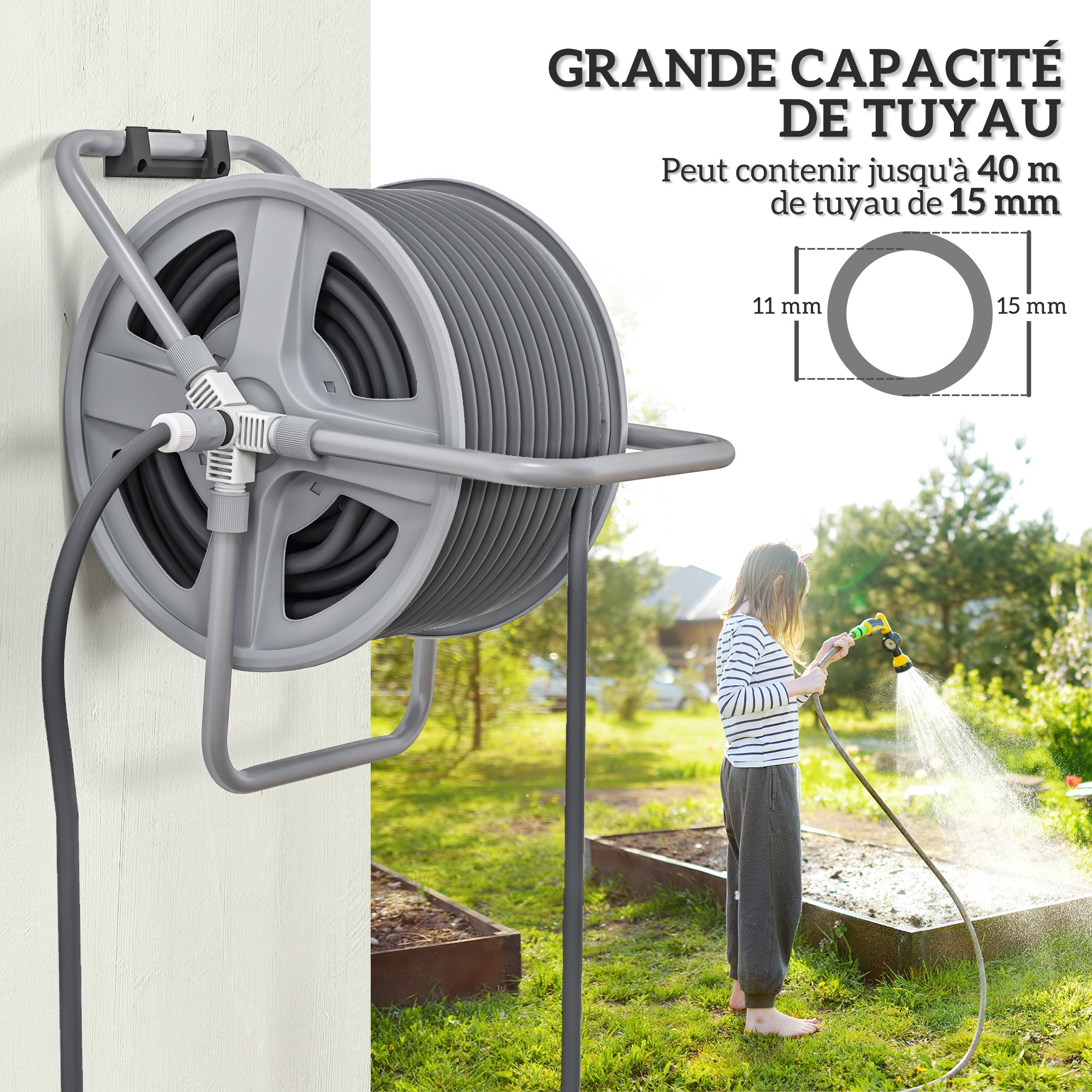 Hose Reel with Rewind Handle, Wall-Mounted or Freestanding Garden Hose Reel, 40m x 15mm Hose Storage Capacity