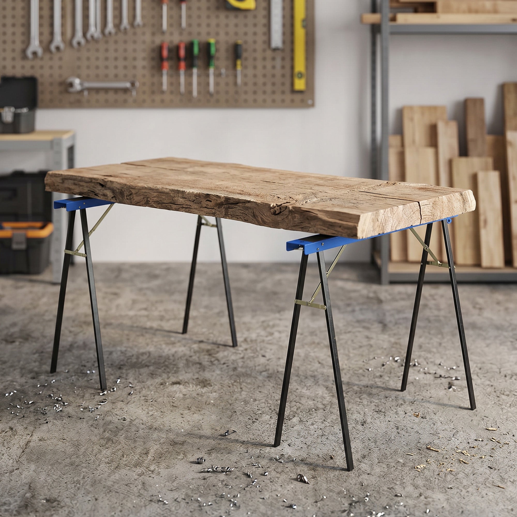Set of 2 Folding Metal Work Sawhorses with EVA Anti-Slip Top, Carry Handle – Space-Saving Sawhorses for Woodworking, 350 kg (772 lb) Capacity, Blue & Black