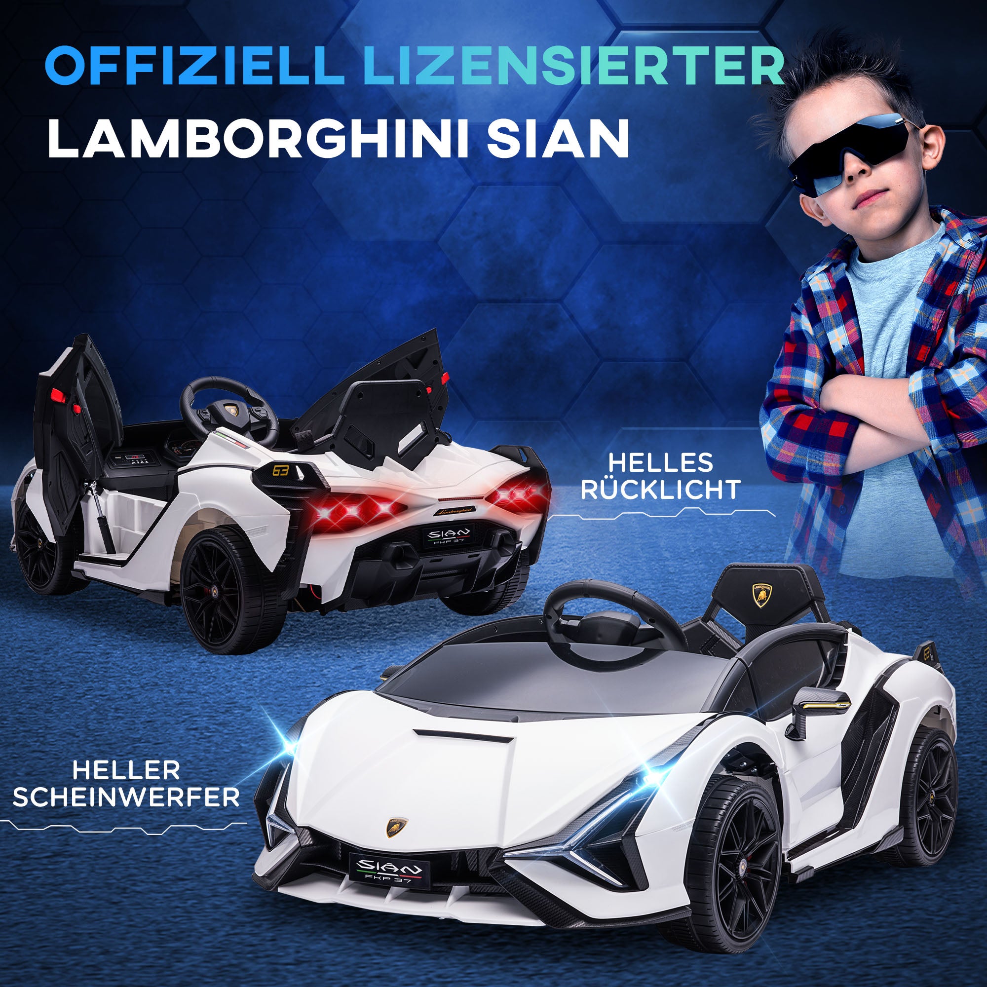Kids Electric Car 12V 2 Driving Modes Lamborghini SIAN SUV Toy Electric Vehicle with Remote Control Music (MP3/USB) Light 3-5 Years Metal White 108 x 62 x 40 cm