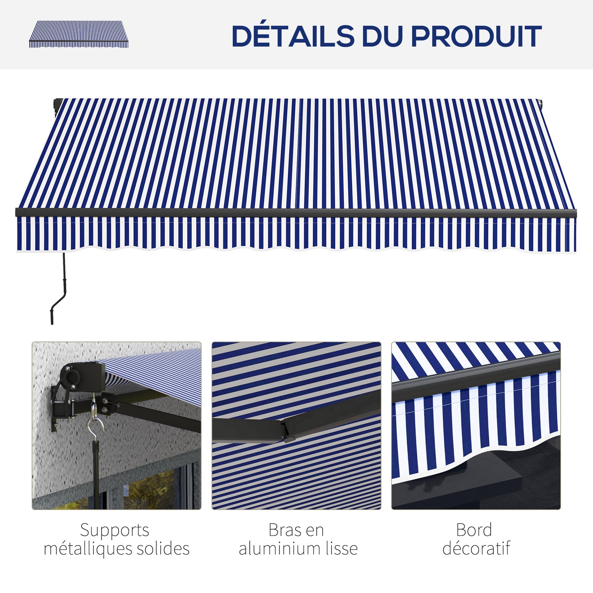 Retractable Manual Awning 3 x 2.5 m Balcony Awning Adjustable Tilt Crank Aluminum Frame Polyester Anti-UV Blue and White
