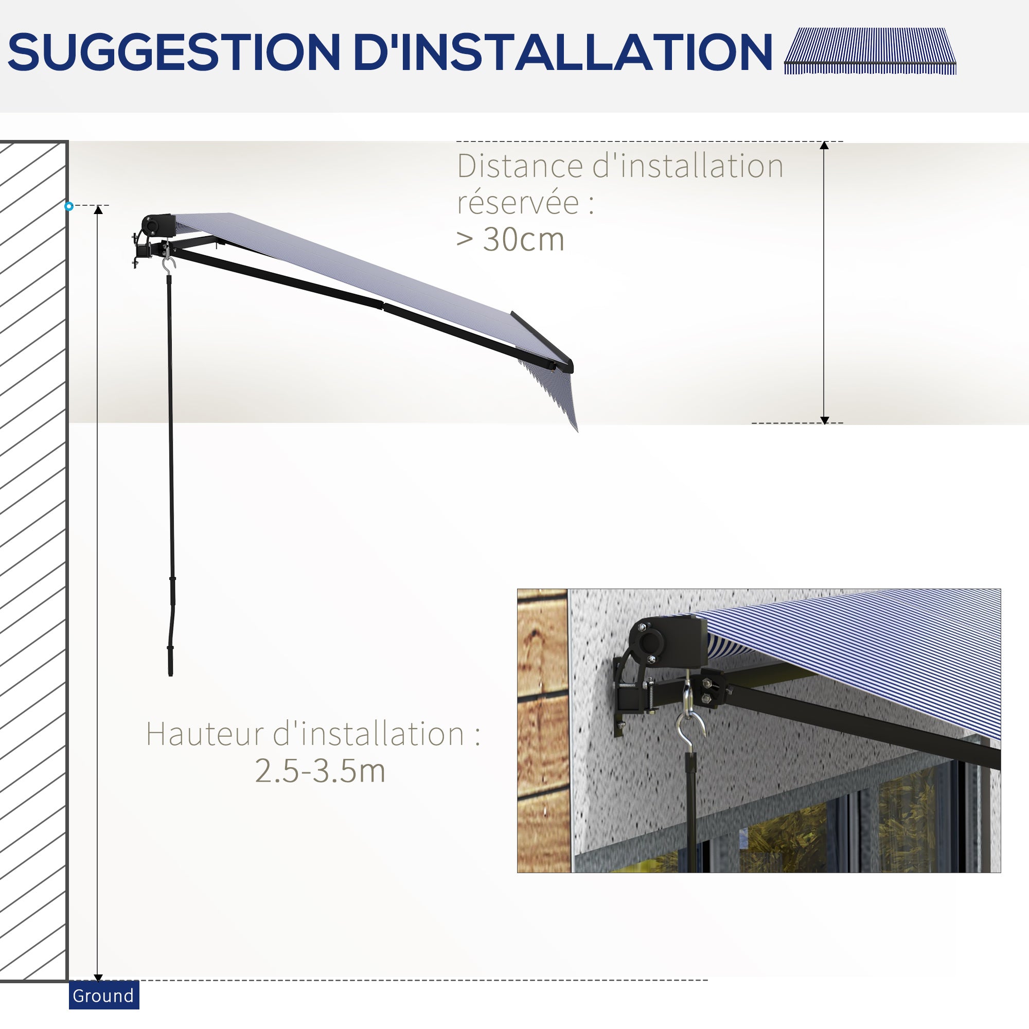 Retractable Manual Awning 3 x 2.5 m Balcony Awning Adjustable Tilt Crank Aluminum Frame Polyester Anti-UV Blue and White