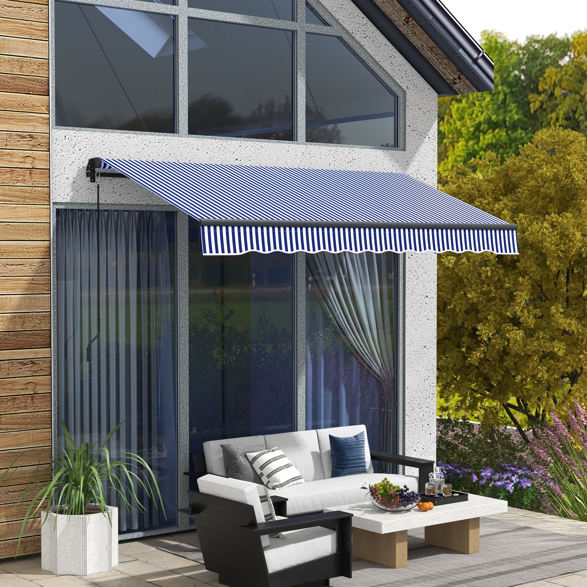Retractable Manual Awning 3 x 2.5 m Balcony Awning Adjustable Tilt Crank Aluminum Frame Polyester Anti-UV Blue and White