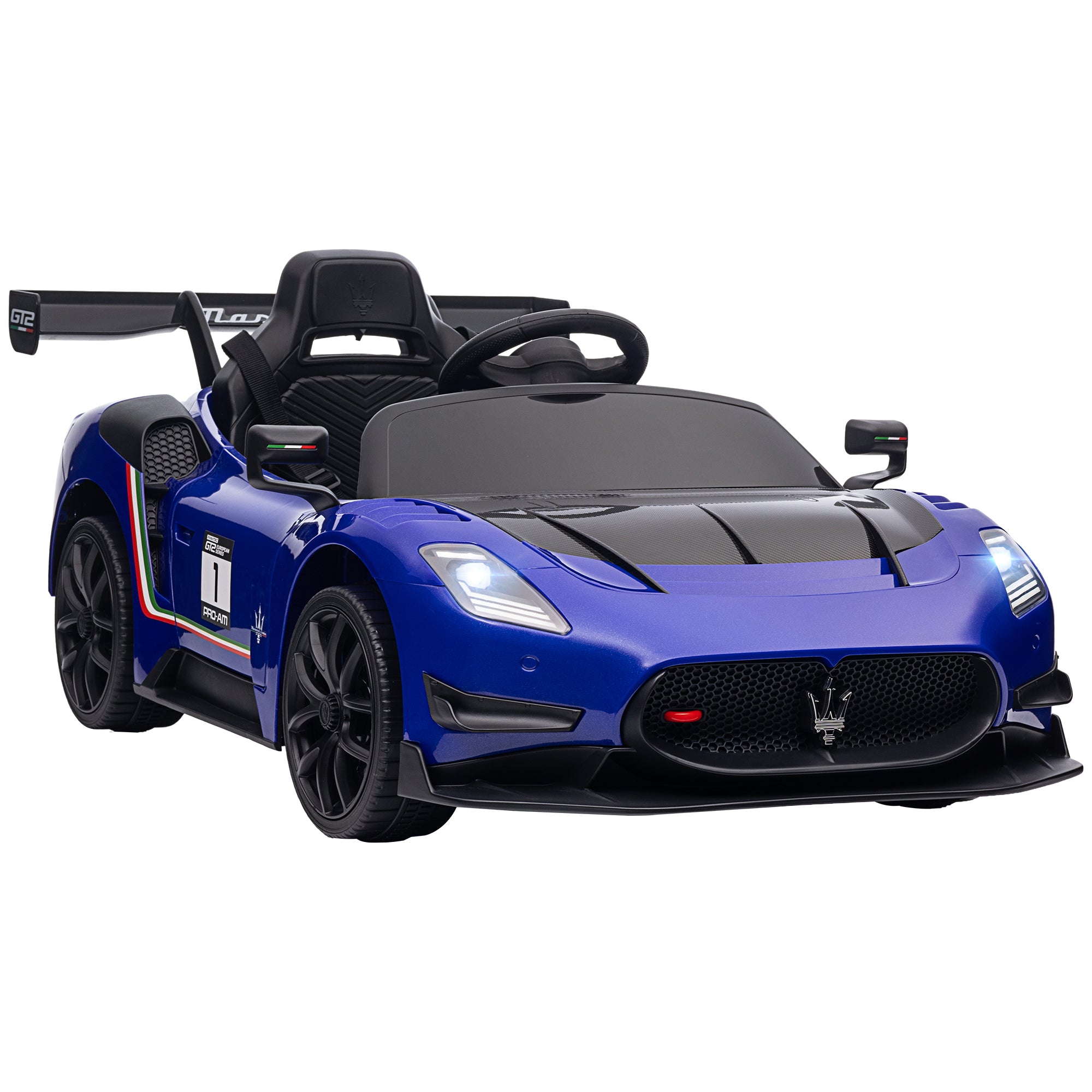 Kids Electric Car 12 V Maserati GT2 Children's Car with 2.4G Remote Control, Music, Horn, Four Shock-Absorbing Wheels, Electric Vehicle with Lights, Training Wheels, 3-5 km/h, for Kids 3-5 Years, Blue