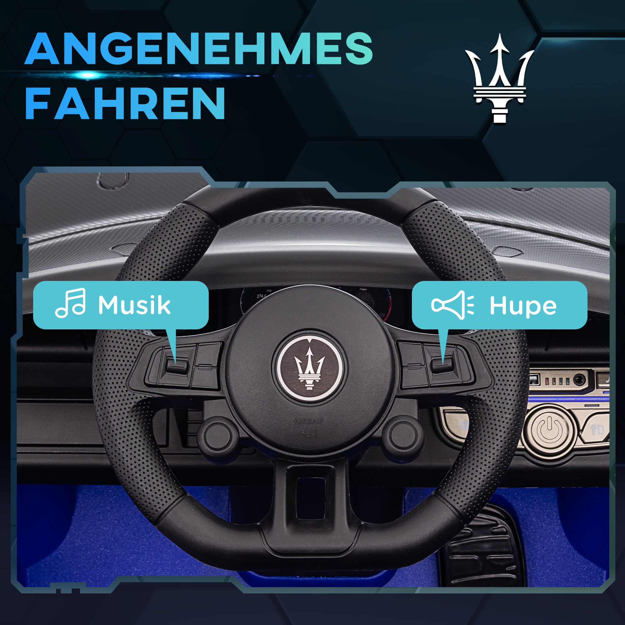 Kids Electric Car 12 V Maserati GT2 Children's Car with 2.4G Remote Control, Music, Horn, Four Shock-Absorbing Wheels, Electric Vehicle with Lights, Training Wheels, 3-5 km/h, for Kids 3-5 Years, Blue