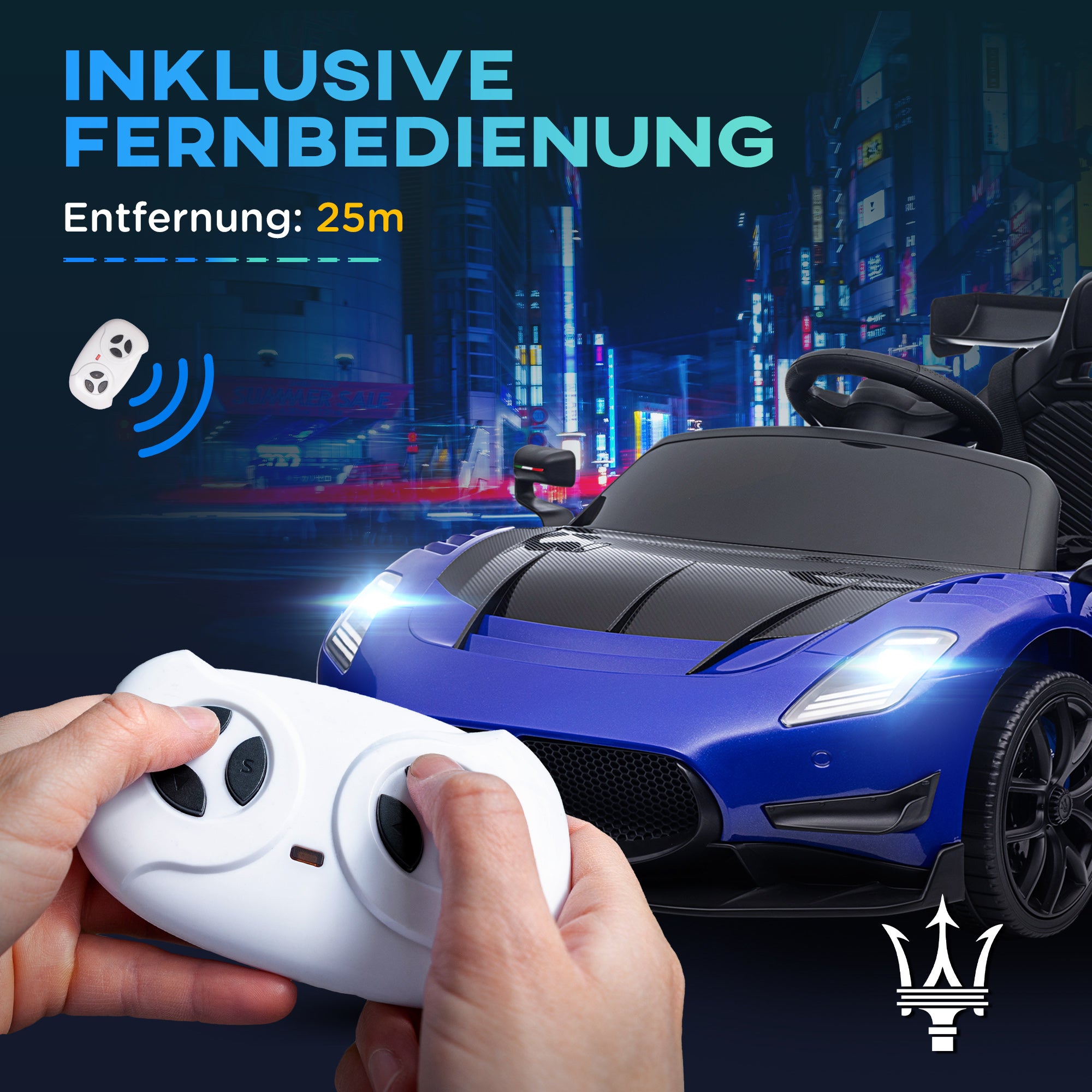 Kids Electric Car 12 V Maserati GT2 Children's Car with 2.4G Remote Control, Music, Horn, Four Shock-Absorbing Wheels, Electric Vehicle with Lights, Training Wheels, 3-5 km/h, for Kids 3-5 Years, Blue