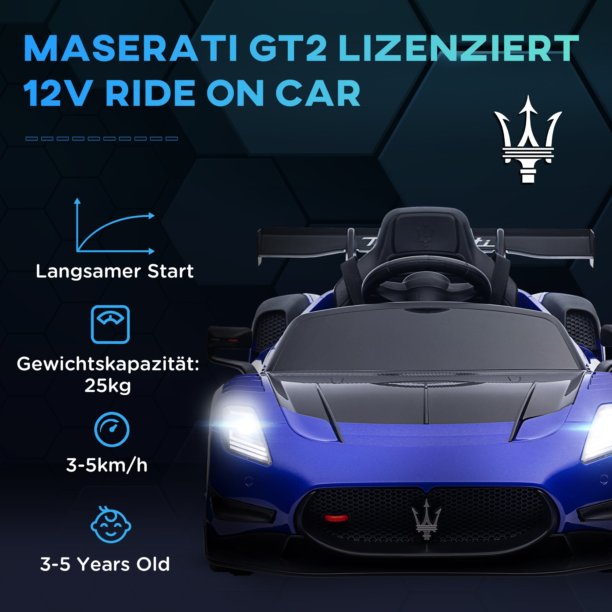 Kids Electric Car 12 V Maserati GT2 Children's Car with 2.4G Remote Control, Music, Horn, Four Shock-Absorbing Wheels, Electric Vehicle with Lights, Training Wheels, 3-5 km/h, for Kids 3-5 Years, Blue