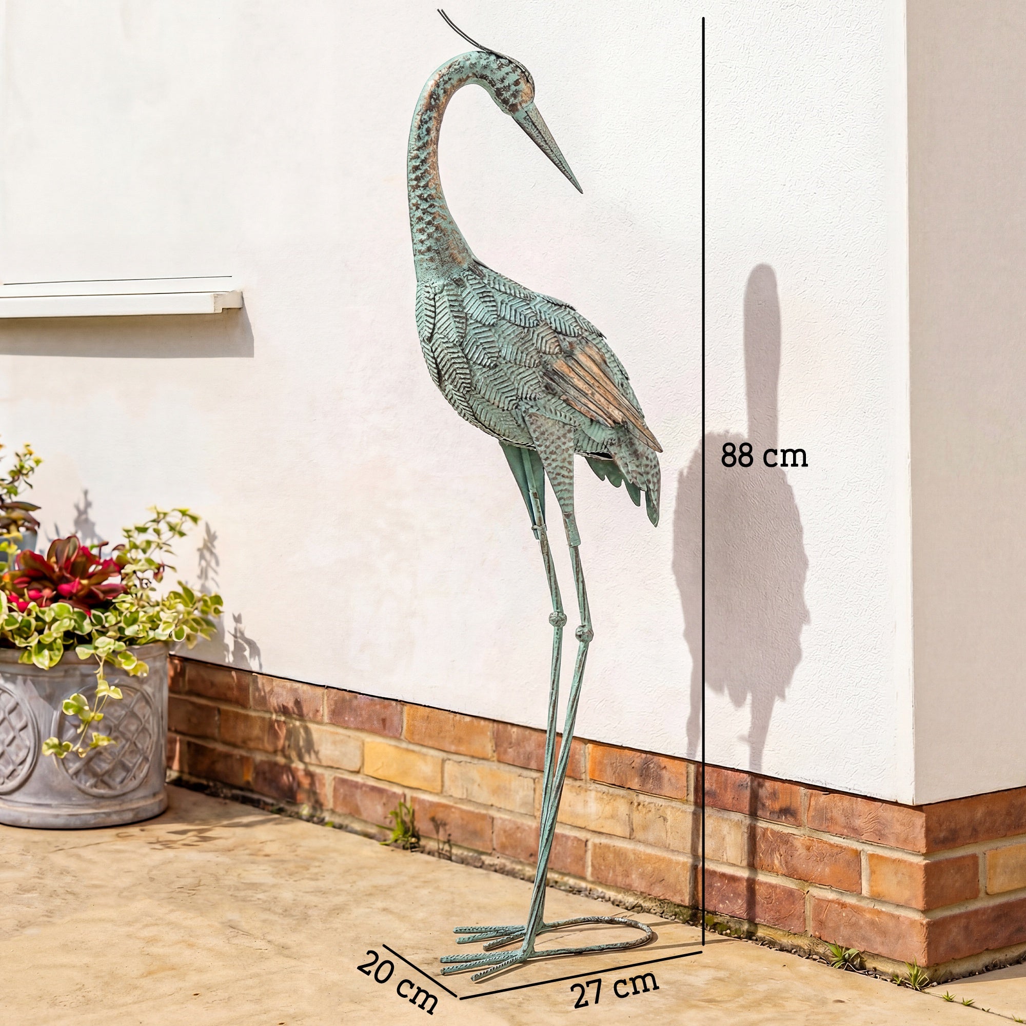 Heron Garden Statue, Metal Outdoor Bird Sculpture Standing 88 cm with Ground Anchors for Patio, Pond, Landscape Decoration, Green + Bronze
