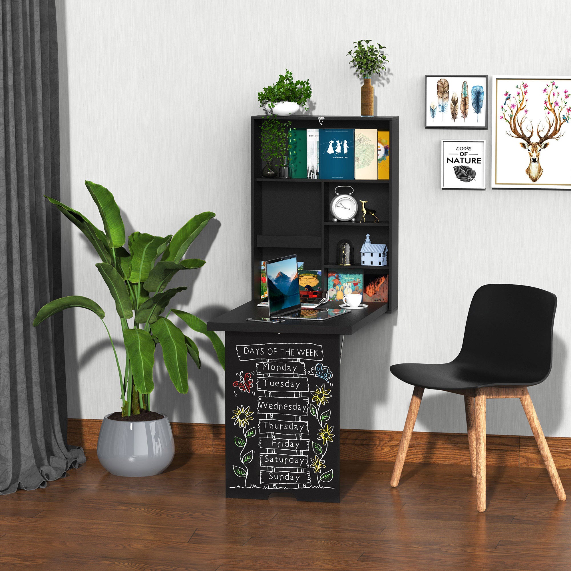 Fold-Down Wall Desk Wall-Mounted Folding Table with Shelf + Integrated Chalkboard MDF Black