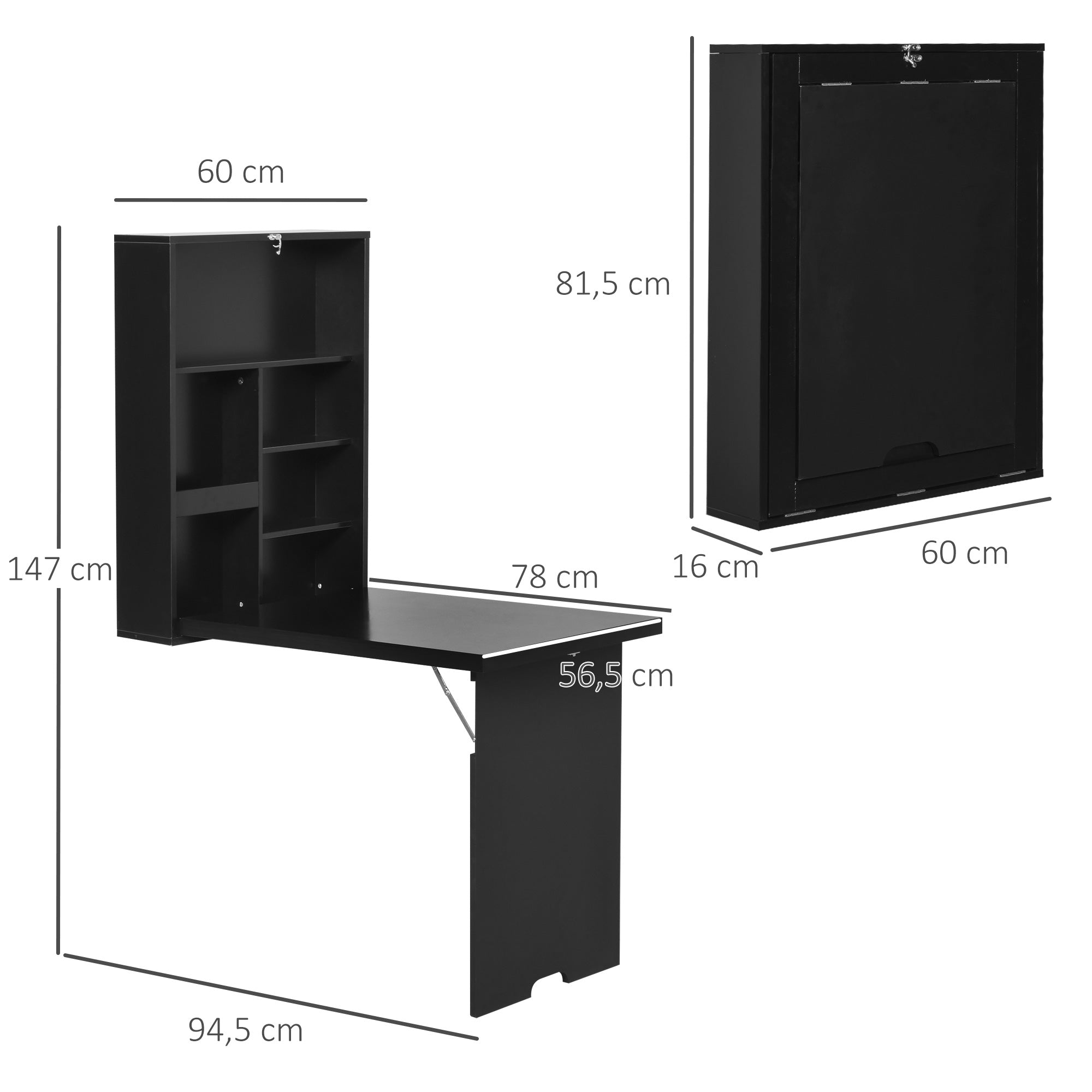 Fold-Down Wall Desk Wall-Mounted Folding Table with Shelf + Integrated Chalkboard MDF Black