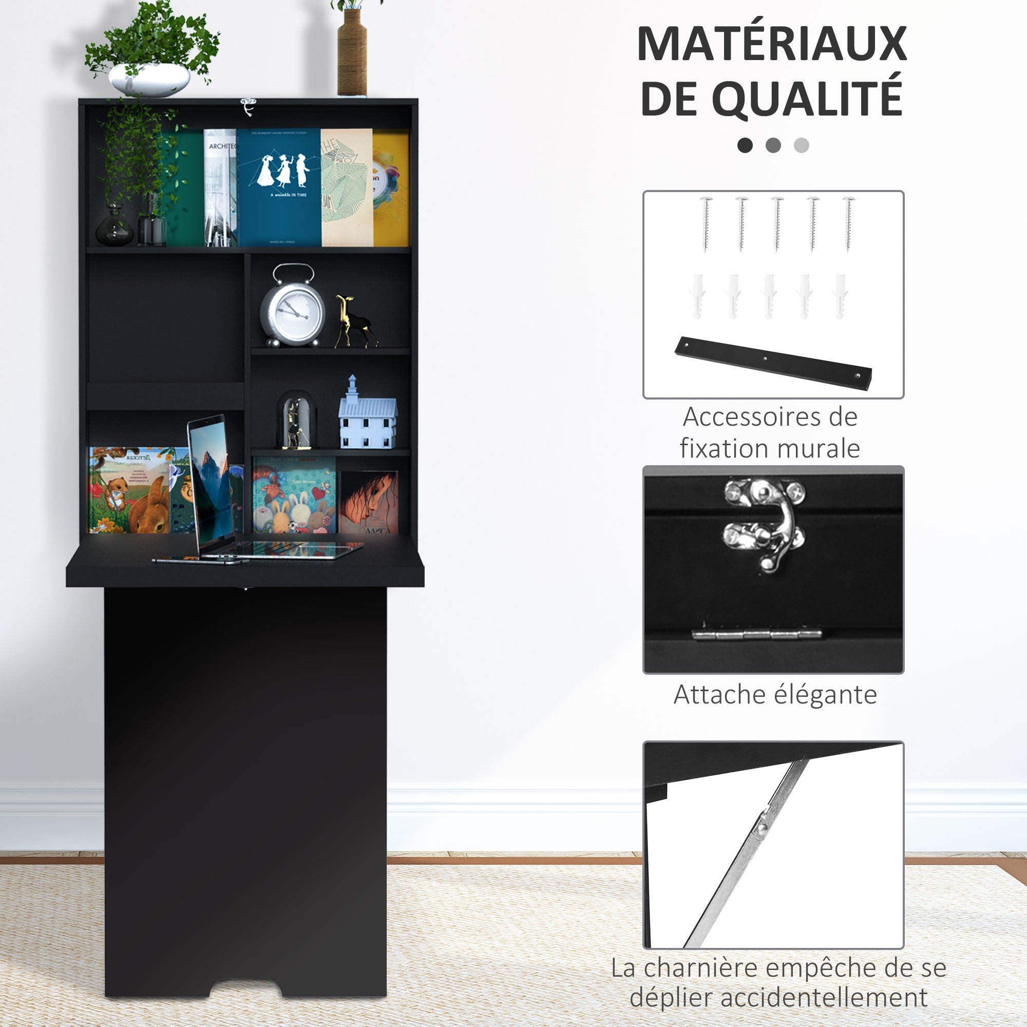 Fold-Down Wall Desk Wall-Mounted Folding Table with Shelf + Integrated Chalkboard MDF Black