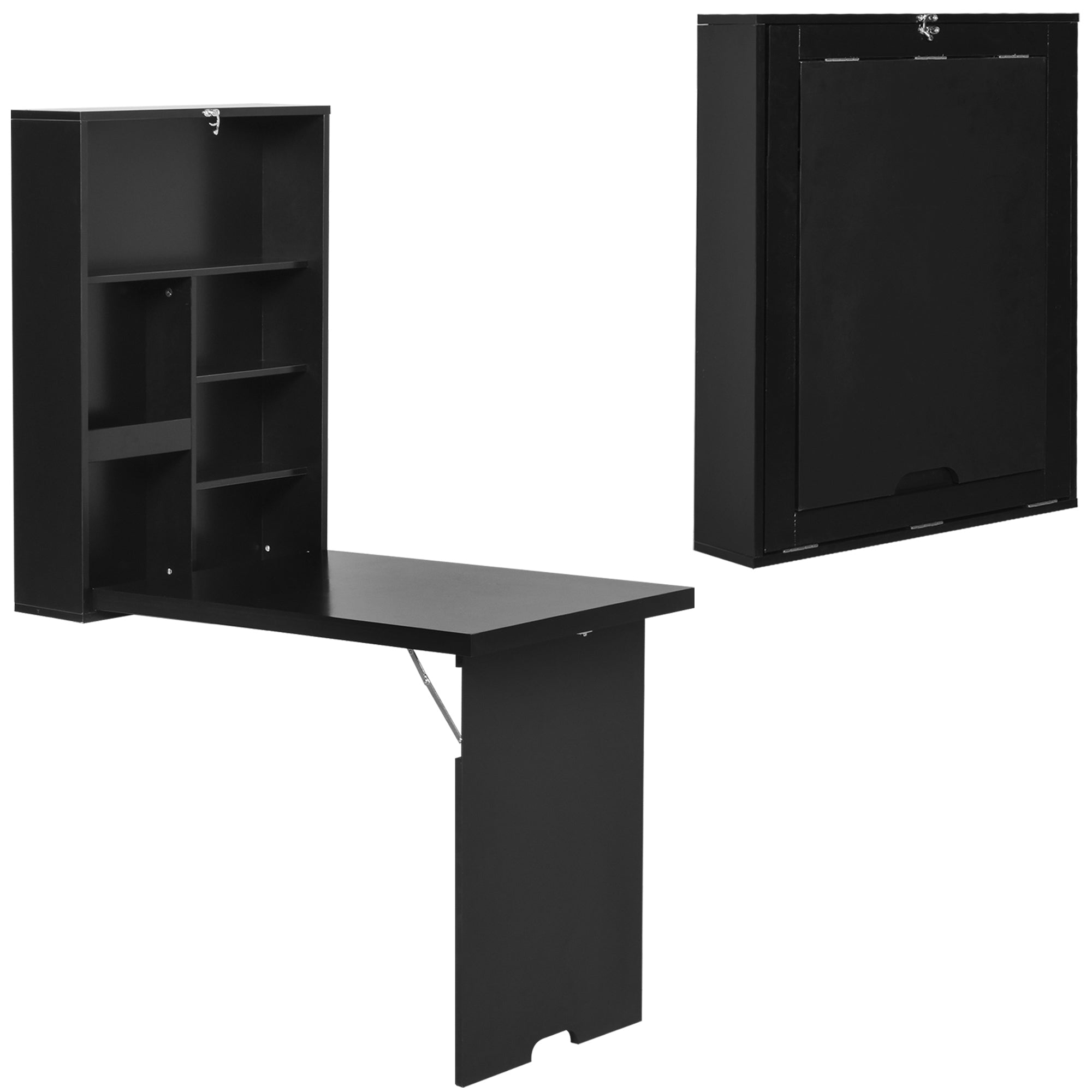 Fold-Down Wall Desk Wall-Mounted Folding Table with Shelf + Integrated Chalkboard MDF Black