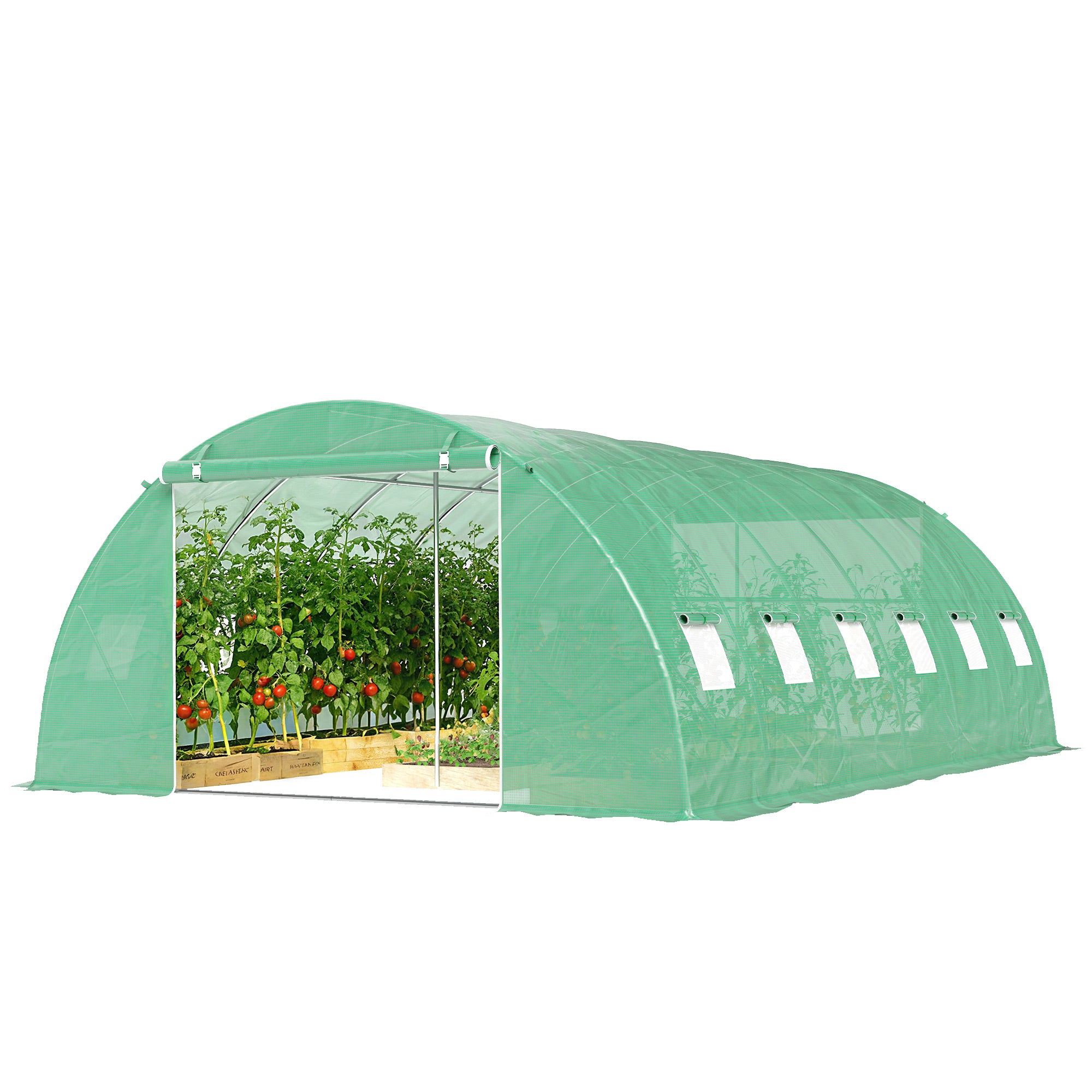 Outdoor Greenhouse 6 x 4 x 2 m (19.7 x 13.1 x 6.6 ft) Tunnel Greenhouse with 2 Support Bars, Roll-Up Doors, Mesh Windows, PE Cover & Galvanized Steel Frame, UV-Proof, Waterproof, Green