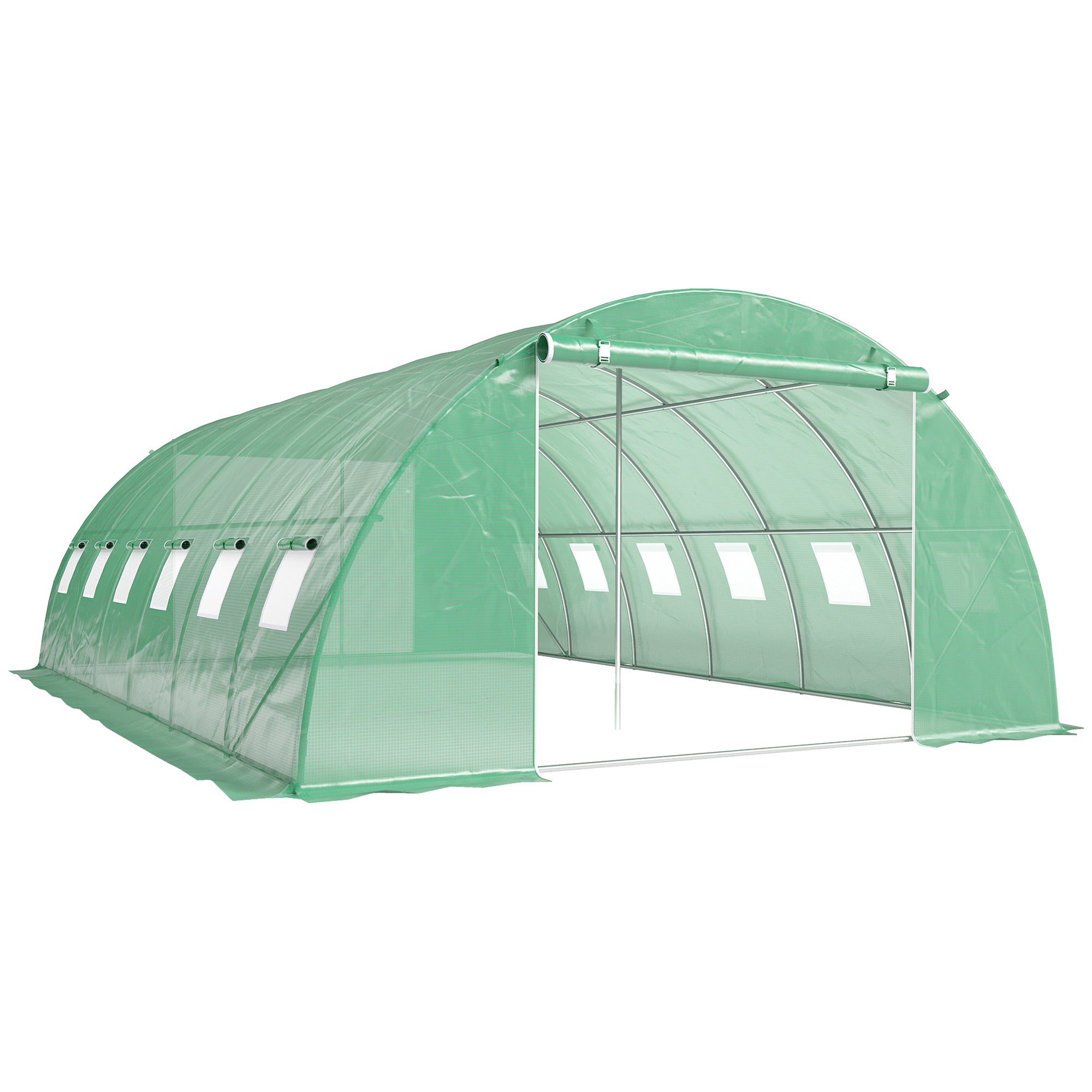 Outdoor Greenhouse 6 x 4 x 2 m (19.7 x 13.1 x 6.6 ft) Tunnel Greenhouse with 2 Support Bars, Roll-Up Doors, Mesh Windows, PE Cover & Galvanized Steel Frame, UV-Proof, Waterproof, Green