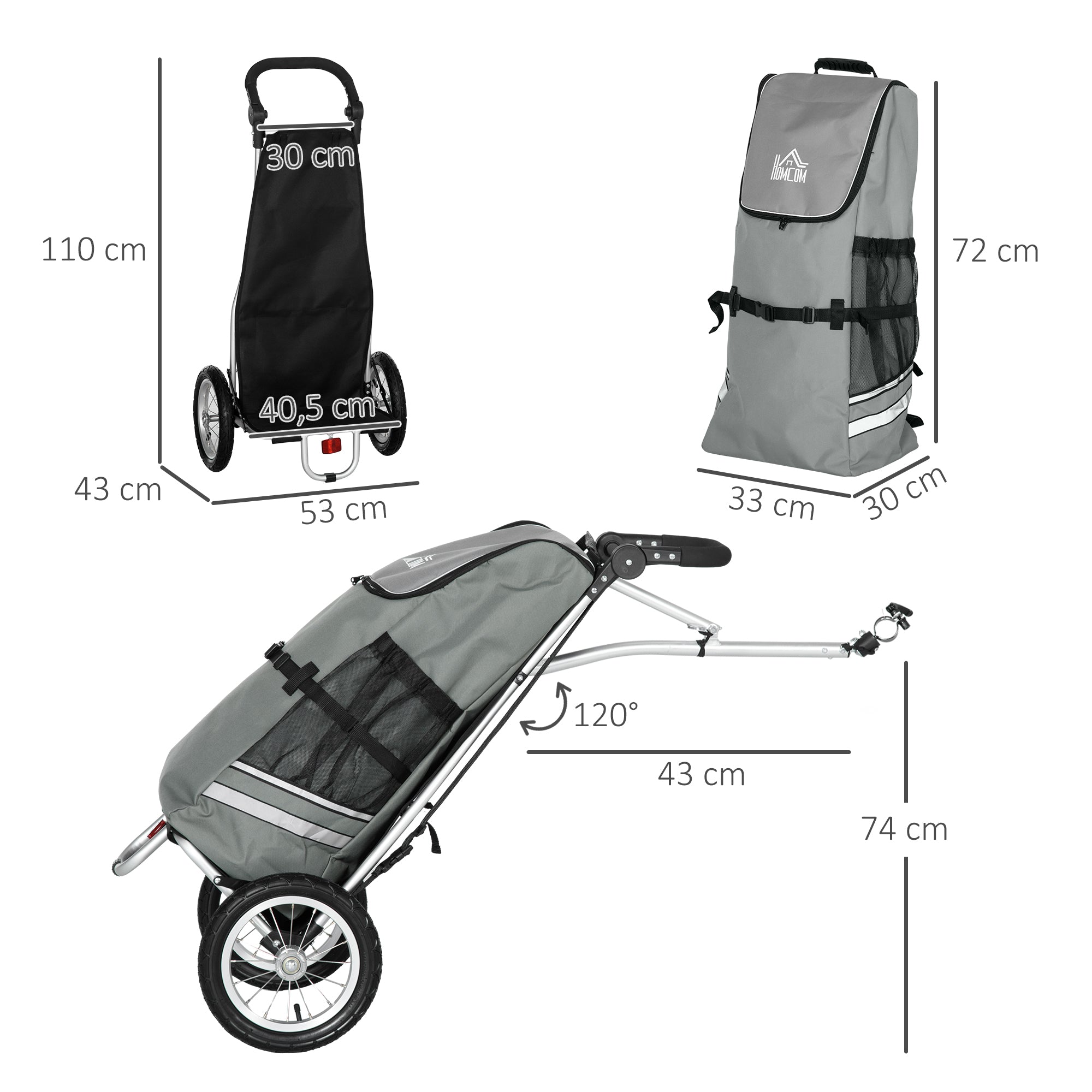 2-in-1 Cargo Trailer Shopping Trolley for Bicycle Trailer Transport Trailer with Connection Clamps for Bike Hitch 24.3 kg Max 55 L Alu+Oxford Gray+Silver 53 x 43 x 110 cm