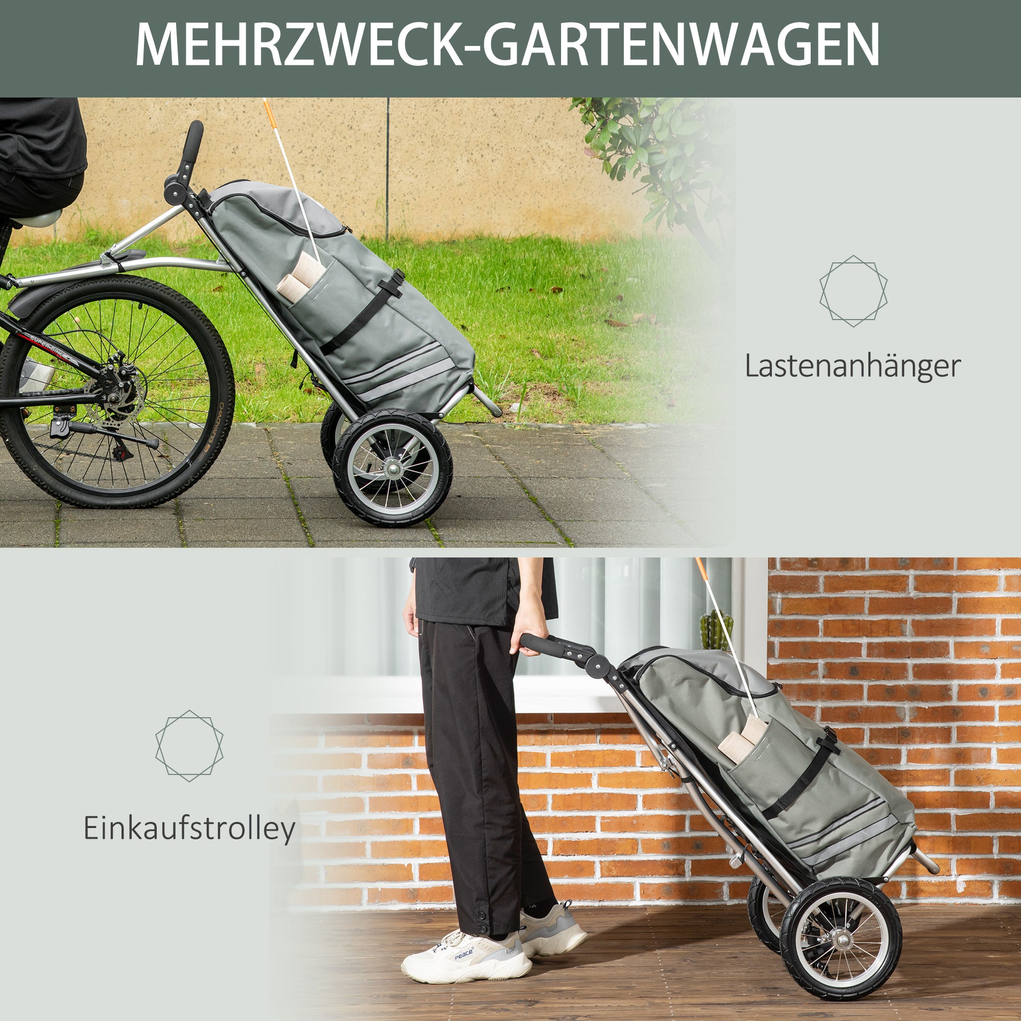 2-in-1 Cargo Trailer Shopping Trolley for Bicycle Trailer Transport Trailer with Connection Clamps for Bike Hitch 24.3 kg Max 55 L Alu+Oxford Gray+Silver 53 x 43 x 110 cm