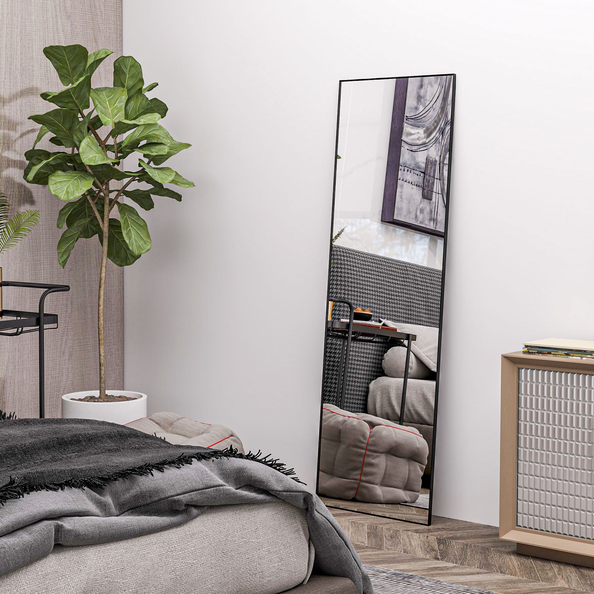 Modern Full Length Floor Mirror, 40x150 cm Rectangular Wall and Freestanding Mirror with Frame, Hooks, and Stand for Bedroom, Living Room, Entryway, Black