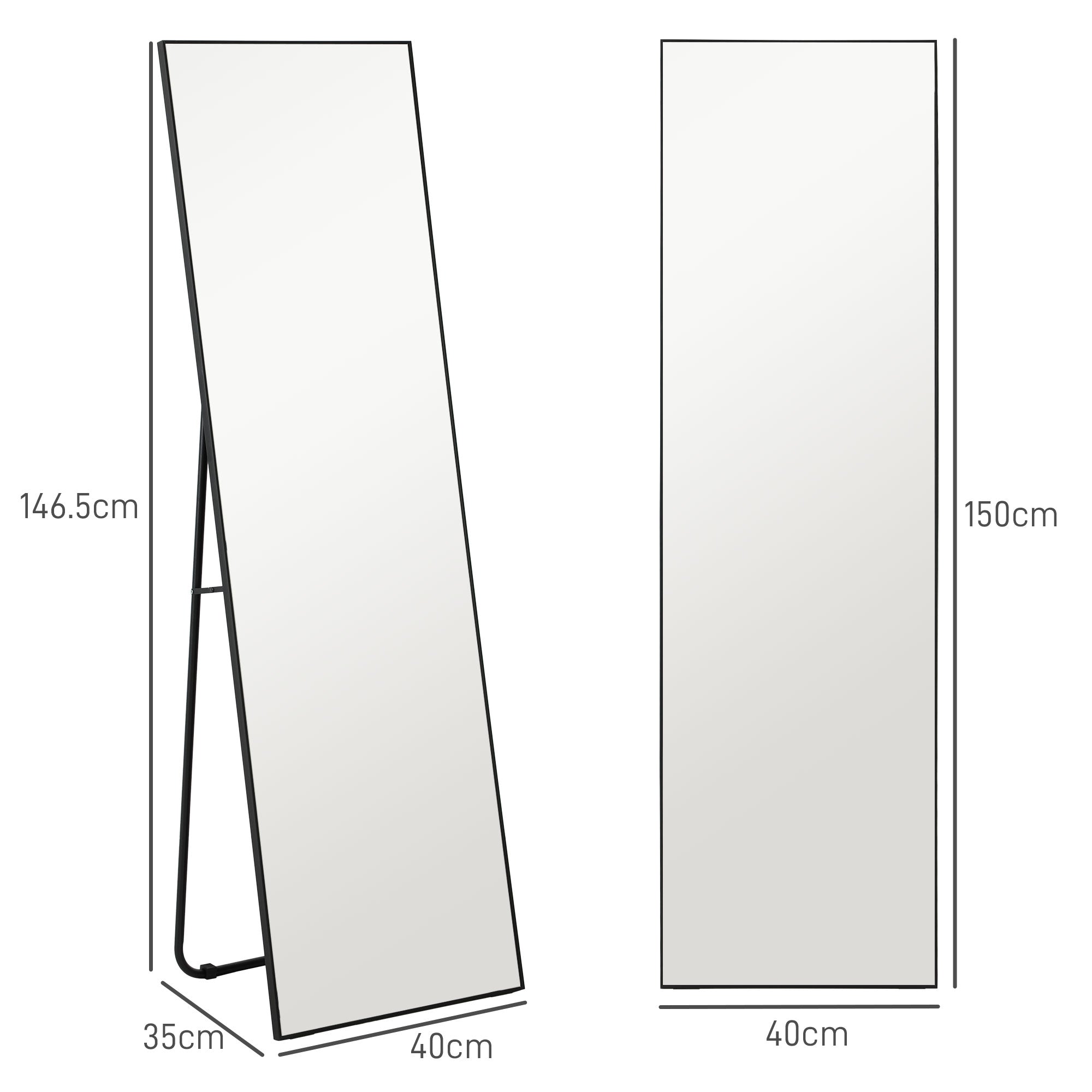 Modern Full Length Floor Mirror, 40x150 cm Rectangular Wall and Freestanding Mirror with Frame, Hooks, and Stand for Bedroom, Living Room, Entryway, Black