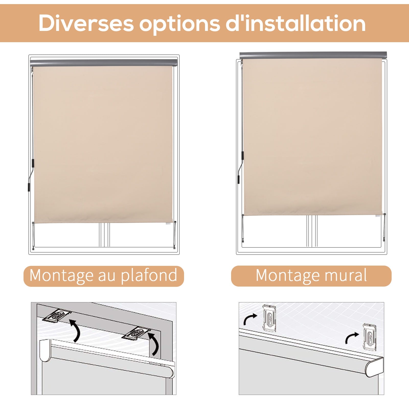 Outdoor Roller Blind 2.5 x 1.6m Retractable Vertical Sun Shade with Crank, Aluminum and Polyester 280g/m² UV50+ Protection, for Balcony, Patio, Terrace, and Garden, Cream