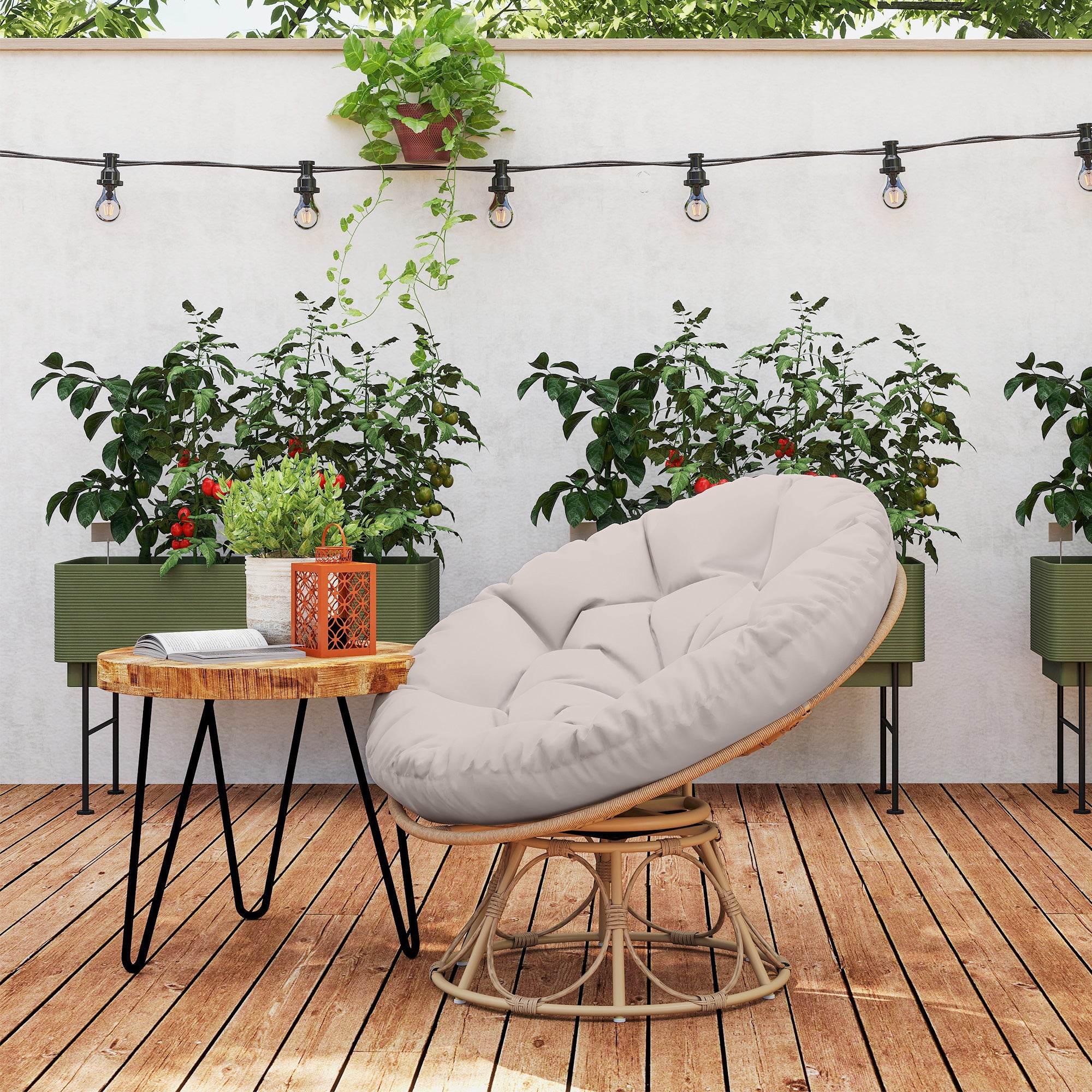Papasan Chair Rattan 360° Swivel Basket Chair with Seat Cushion Diameter 100 cm Round Outdoor Rattan Swivel Lounge Recliner Chair for Living Room Garden Balcony Light Grey