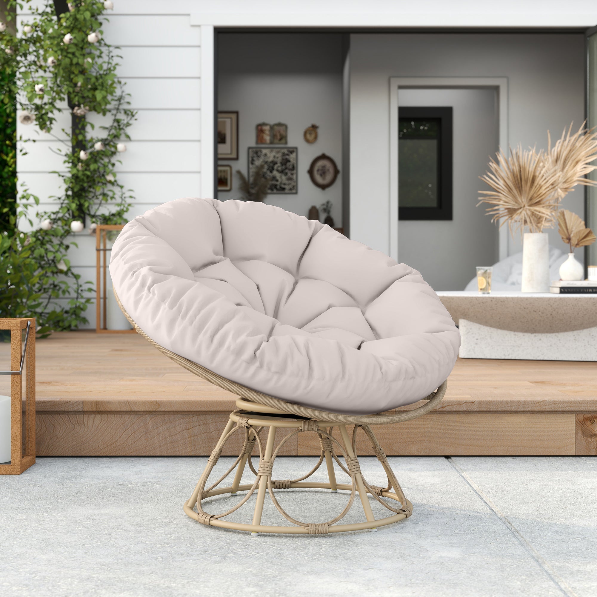 Papasan Chair Rattan 360° Swivel Basket Chair with Seat Cushion Diameter 100 cm Round Outdoor Rattan Swivel Lounge Recliner Chair for Living Room Garden Balcony Light Grey