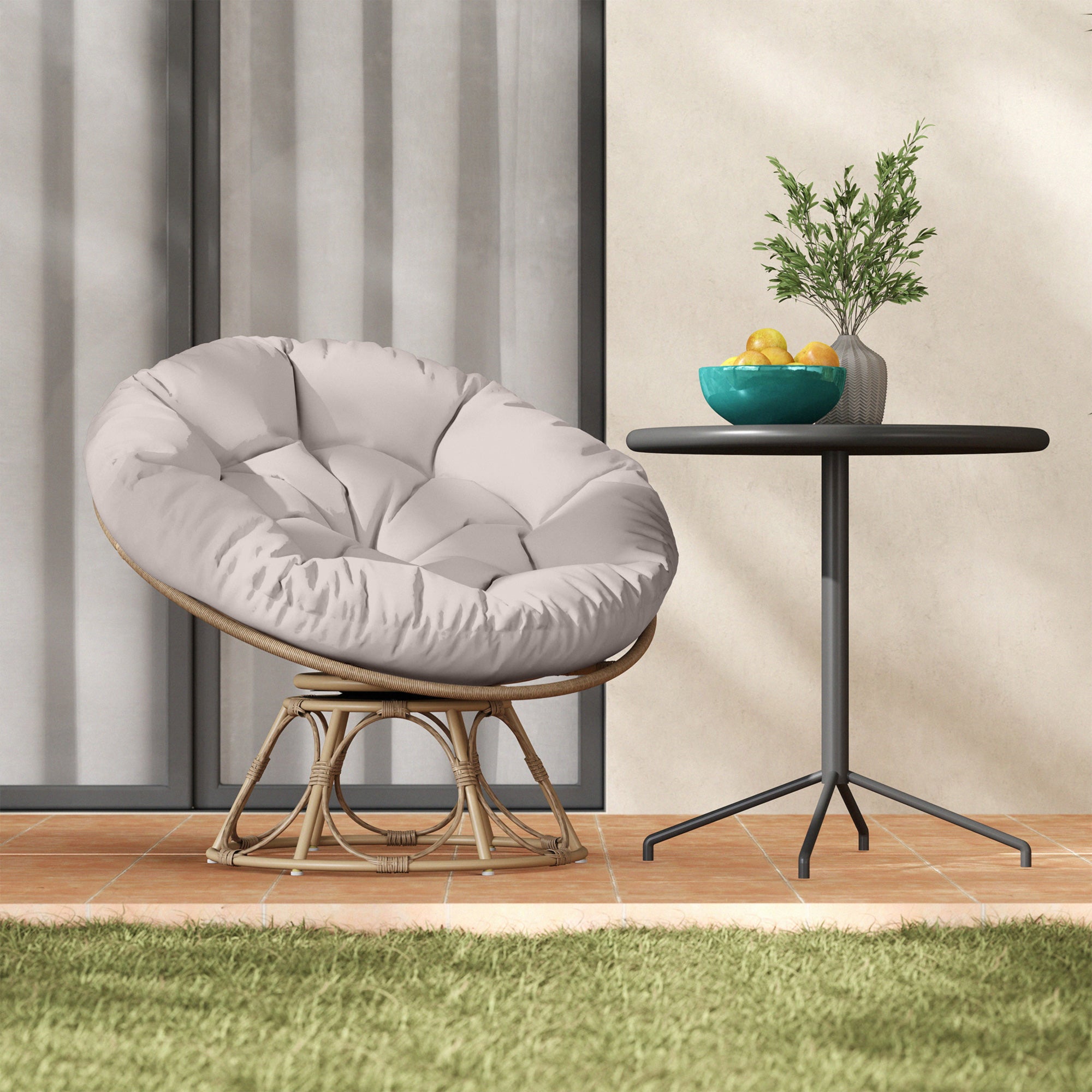 Papasan Chair Rattan 360° Swivel Basket Chair with Seat Cushion Diameter 100 cm Round Outdoor Rattan Swivel Lounge Recliner Chair for Living Room Garden Balcony Light Grey