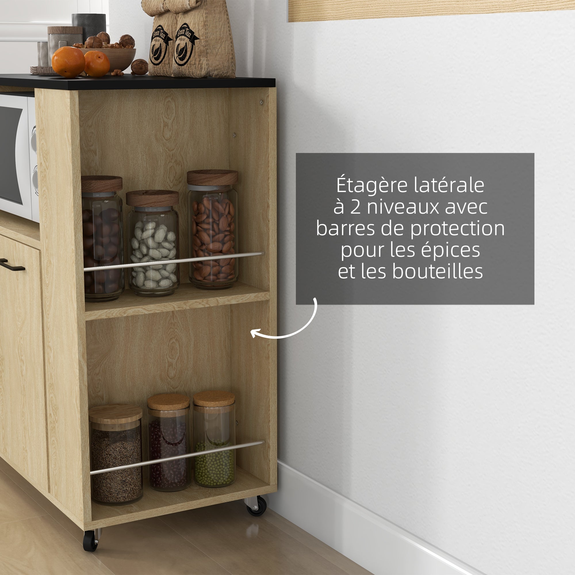 Rolling Kitchen Cart Service Trolley Adjustable Shelf Storage Unit for Kitchen and Living Room 75 x 40 x 80.5 cm Natural Wood Black