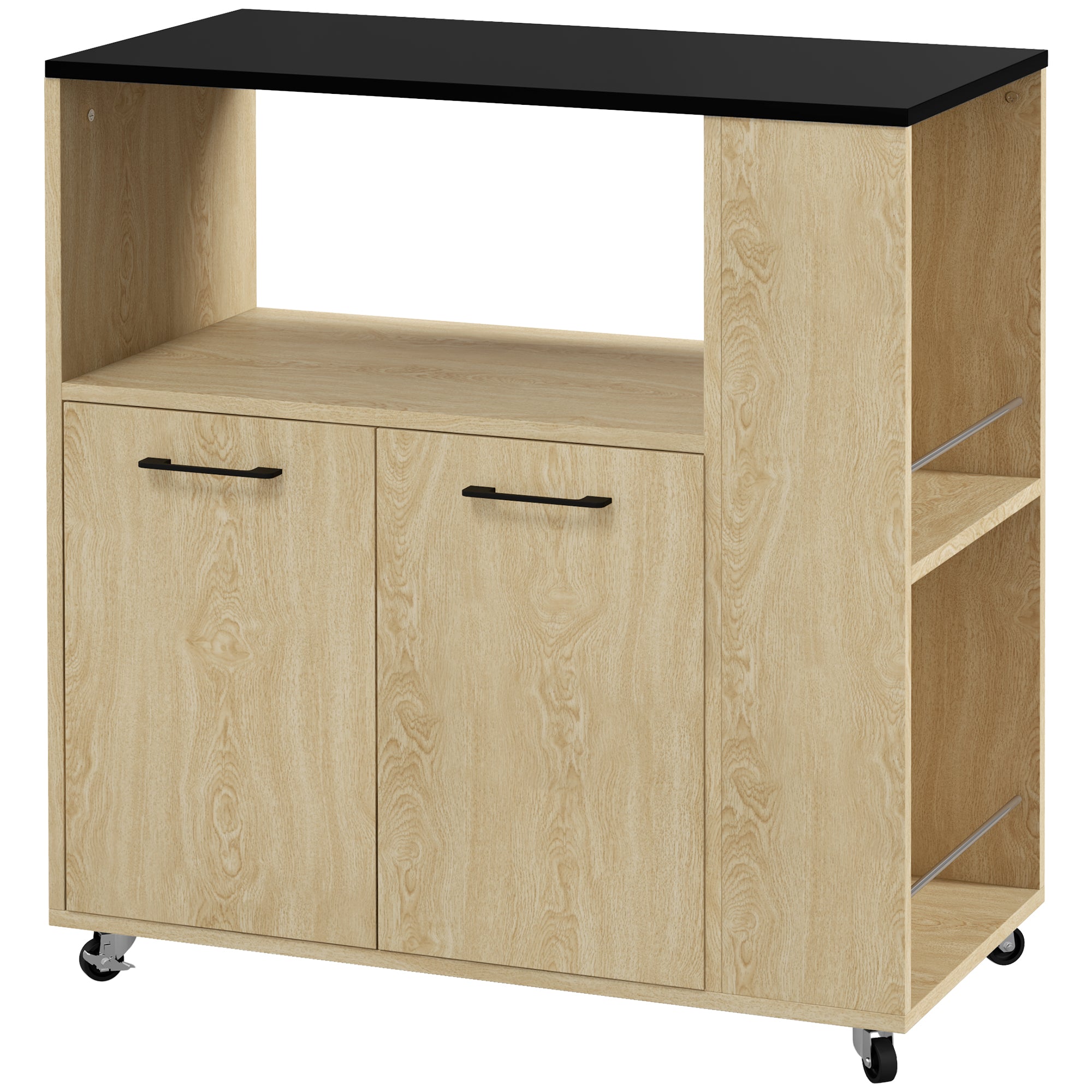 Rolling Kitchen Cart Service Trolley Adjustable Shelf Storage Unit for Kitchen and Living Room 75 x 40 x 80.5 cm Natural Wood Black