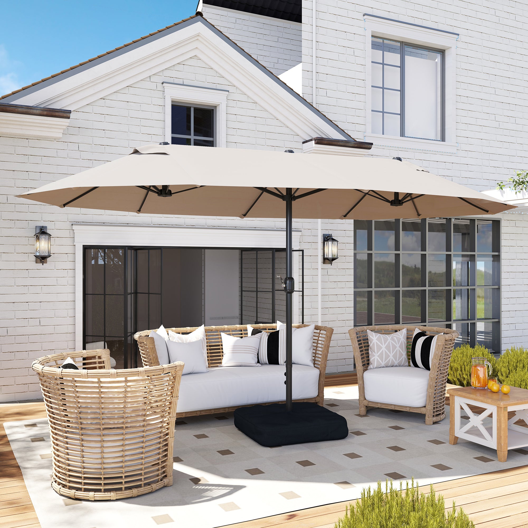 Outdoor Garden Parasol Double Rectangular Parasol 4.6L x 2.7W x 2.4H m with Crank Opening Closing, Sandbags and Base Included, for Balcony, Pool, Khaki